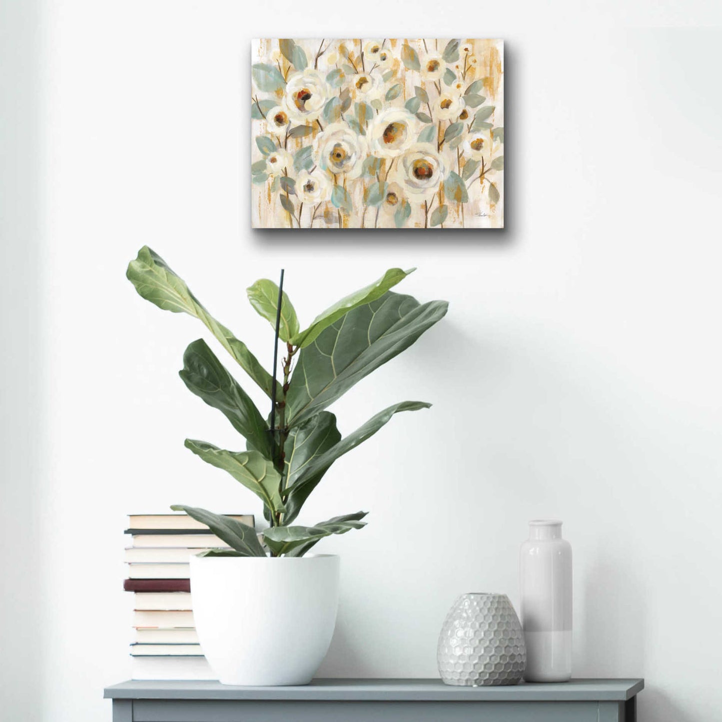 Epic Art 'White Gold and Sage Floral' by Silvia Vassileva, Acrylic Glass Wall Art,16x12