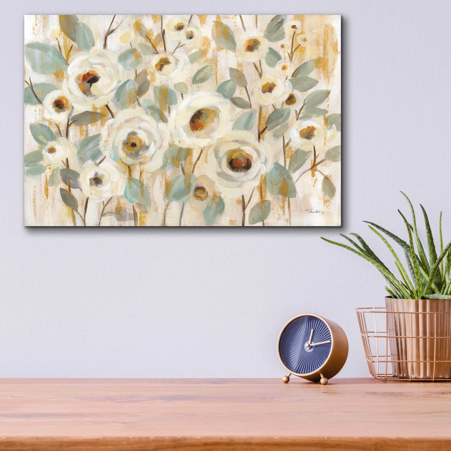 Epic Art 'White Gold and Sage Floral' by Silvia Vassileva, Acrylic Glass Wall Art,16x12