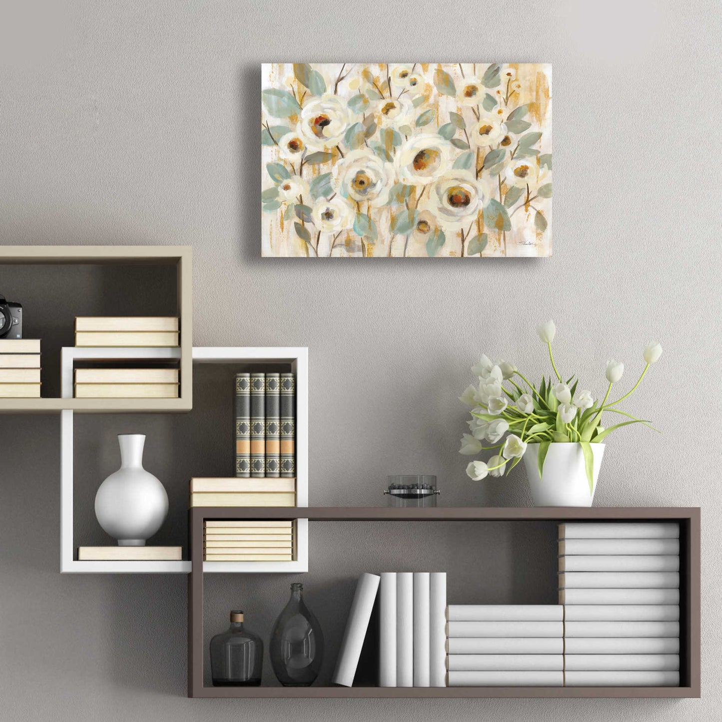 Epic Art 'White Gold and Sage Floral' by Silvia Vassileva, Acrylic Glass Wall Art,24x16