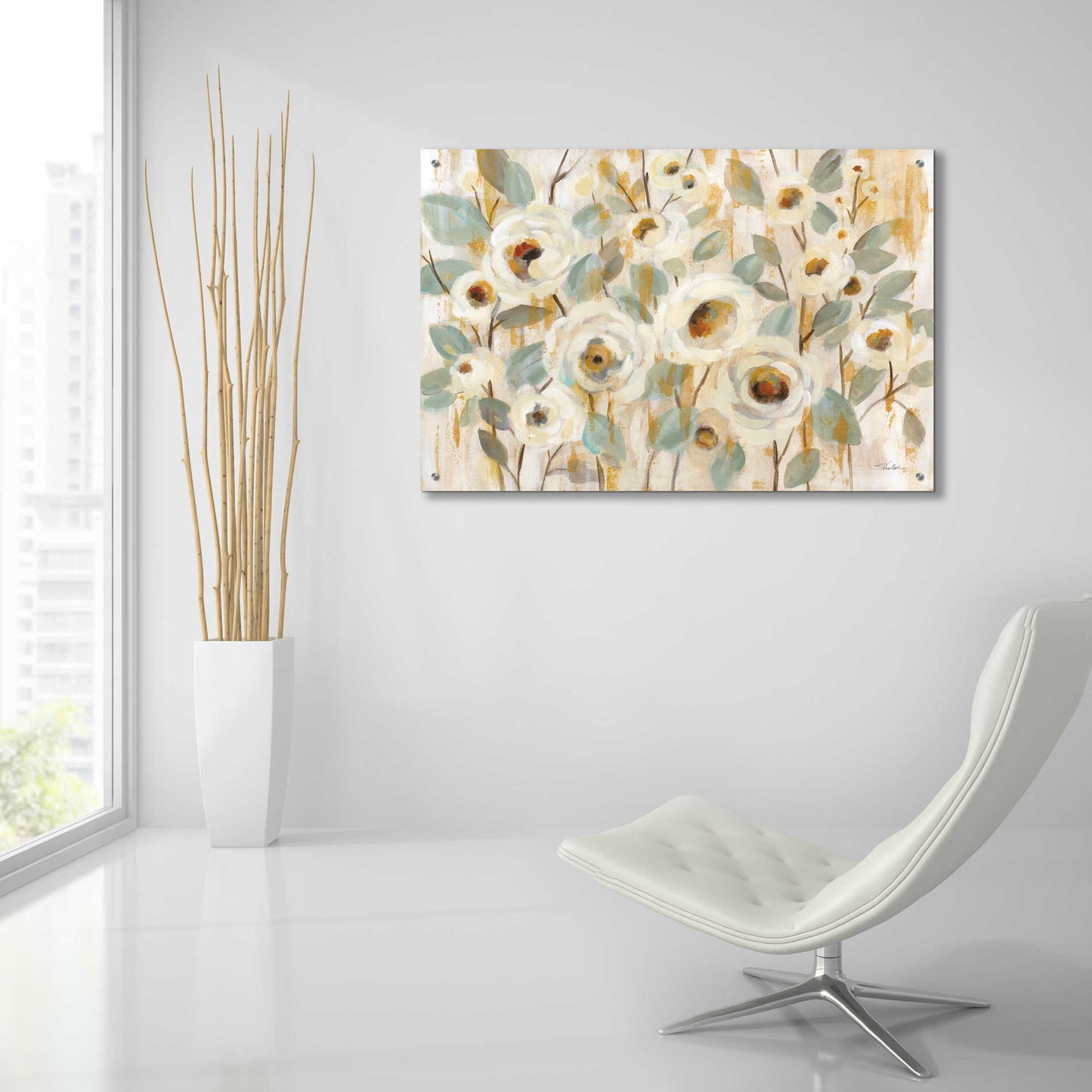 Epic Art 'White Gold and Sage Floral' by Silvia Vassileva, Acrylic Glass Wall Art,36x24