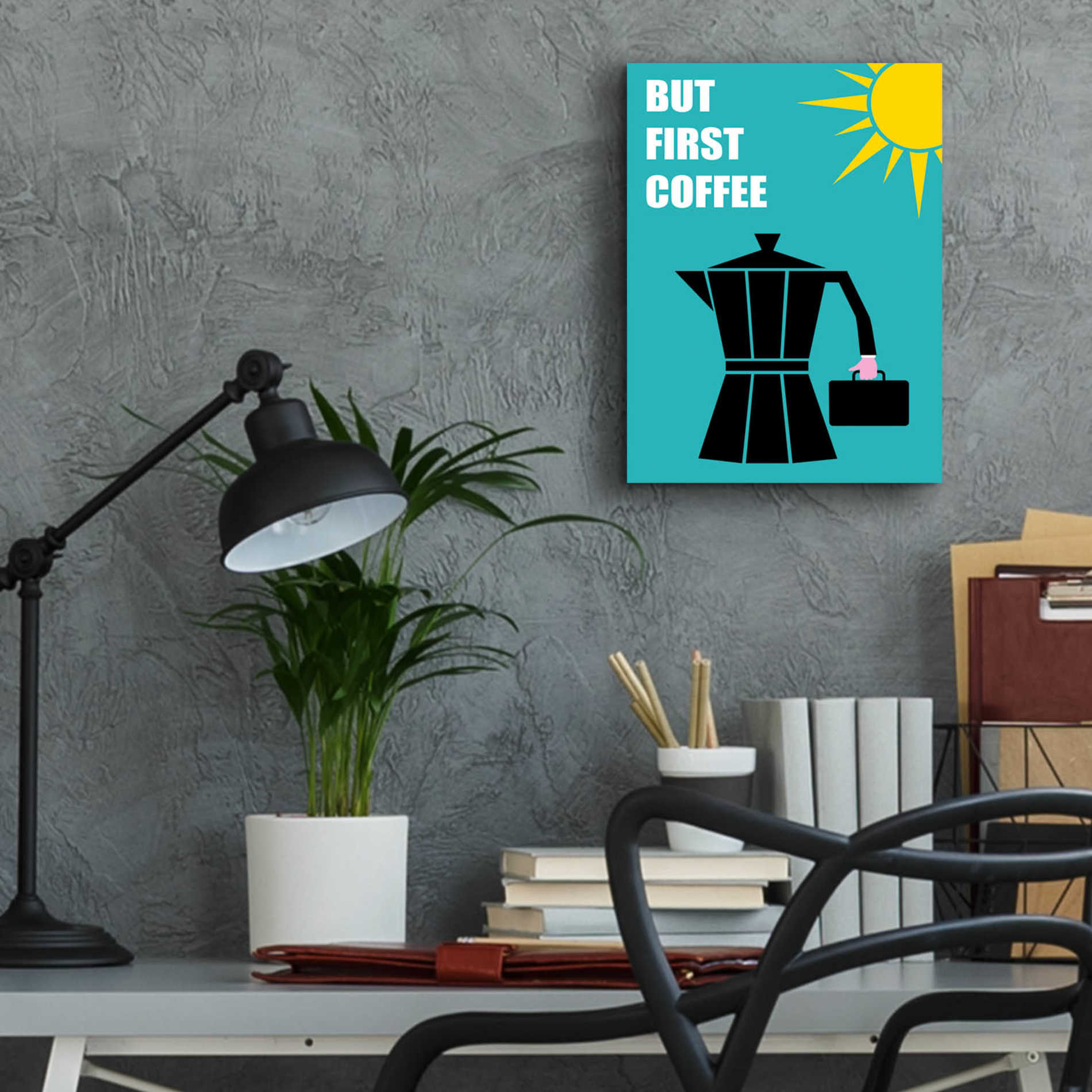 Epic Art 'But First Coffee' by Cesare Bellassai, Acrylic Glass Wall Art,12x16