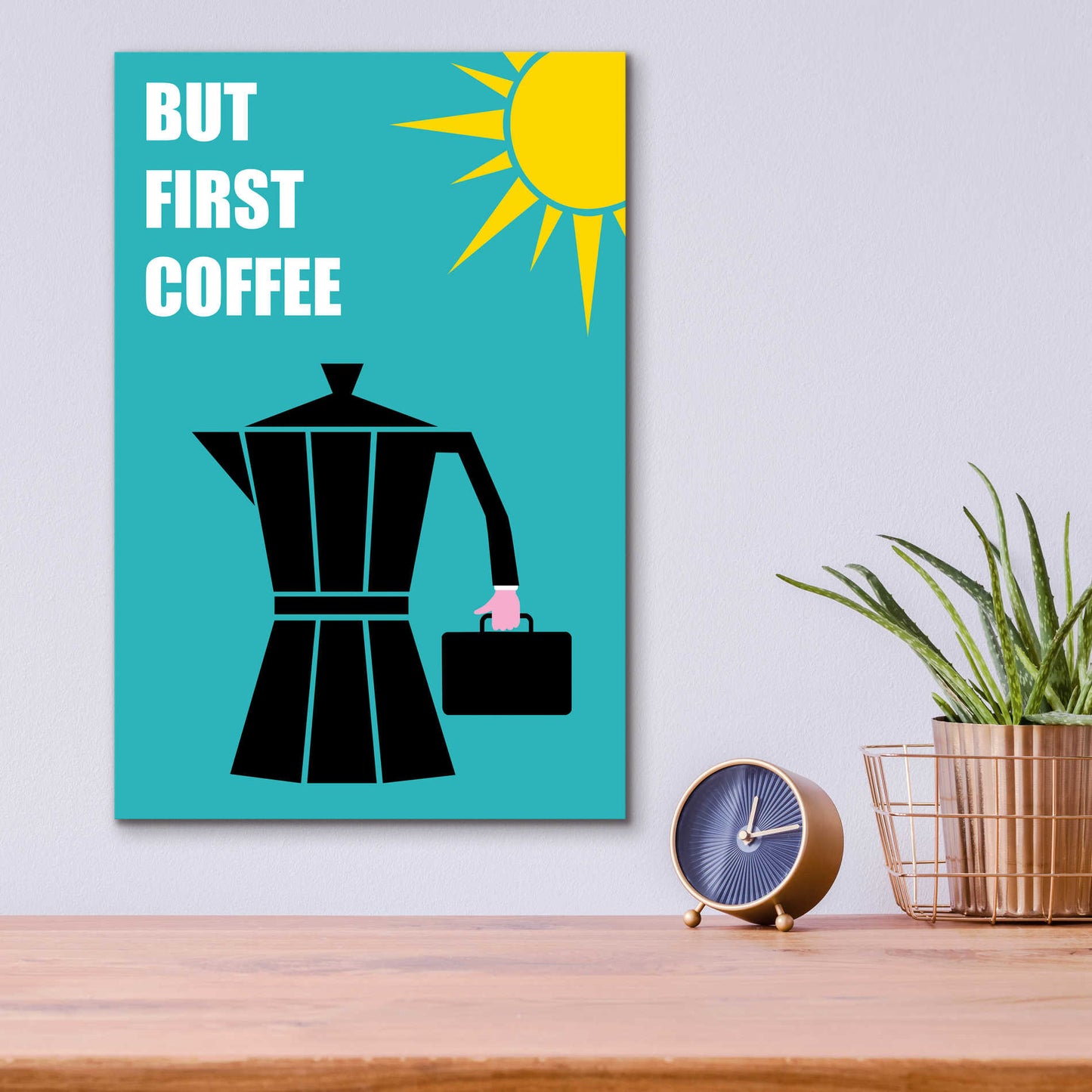 Epic Art 'But First Coffee' by Cesare Bellassai, Acrylic Glass Wall Art,12x16