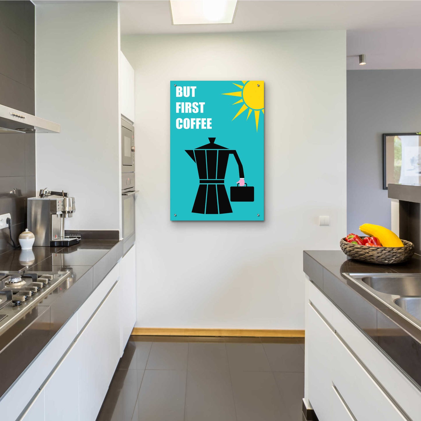 Epic Art 'But First Coffee' by Cesare Bellassai, Acrylic Glass Wall Art,24x36