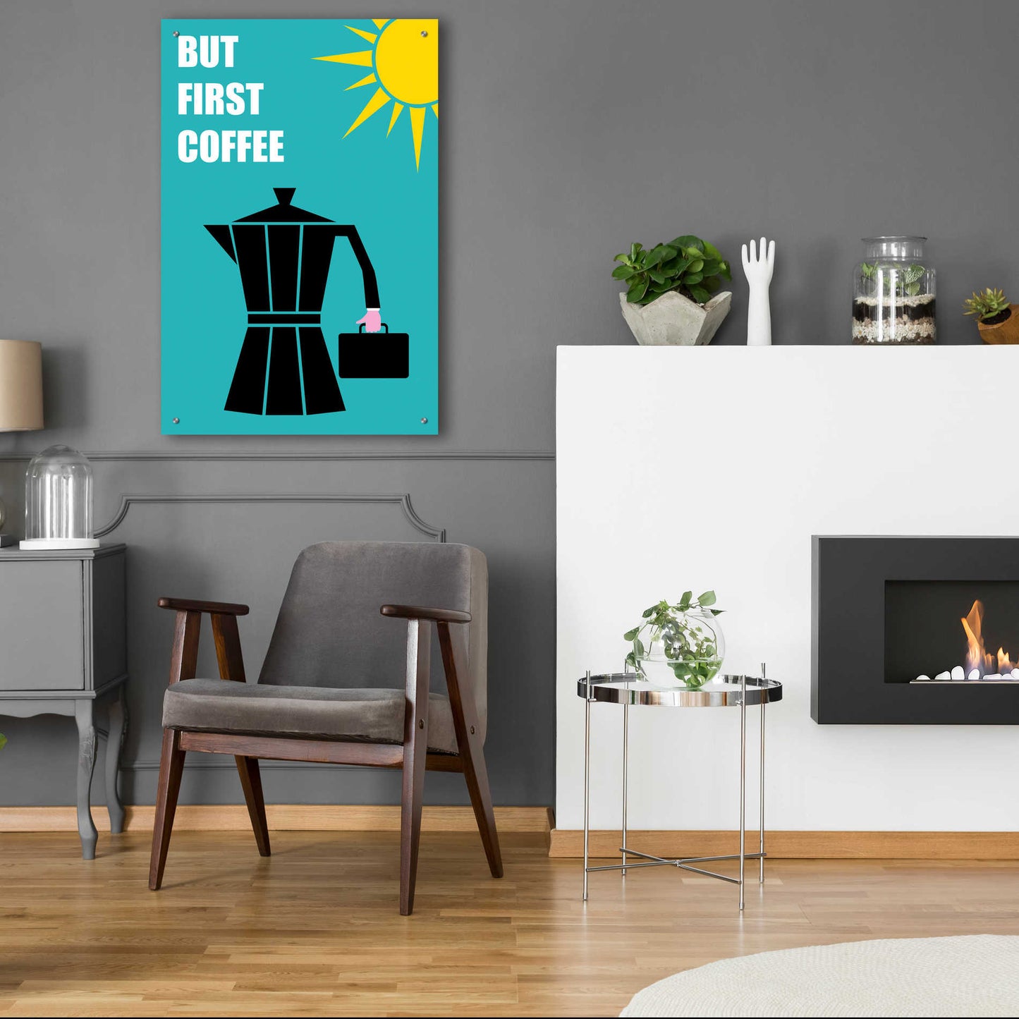 Epic Art 'But First Coffee' by Cesare Bellassai, Acrylic Glass Wall Art,24x36