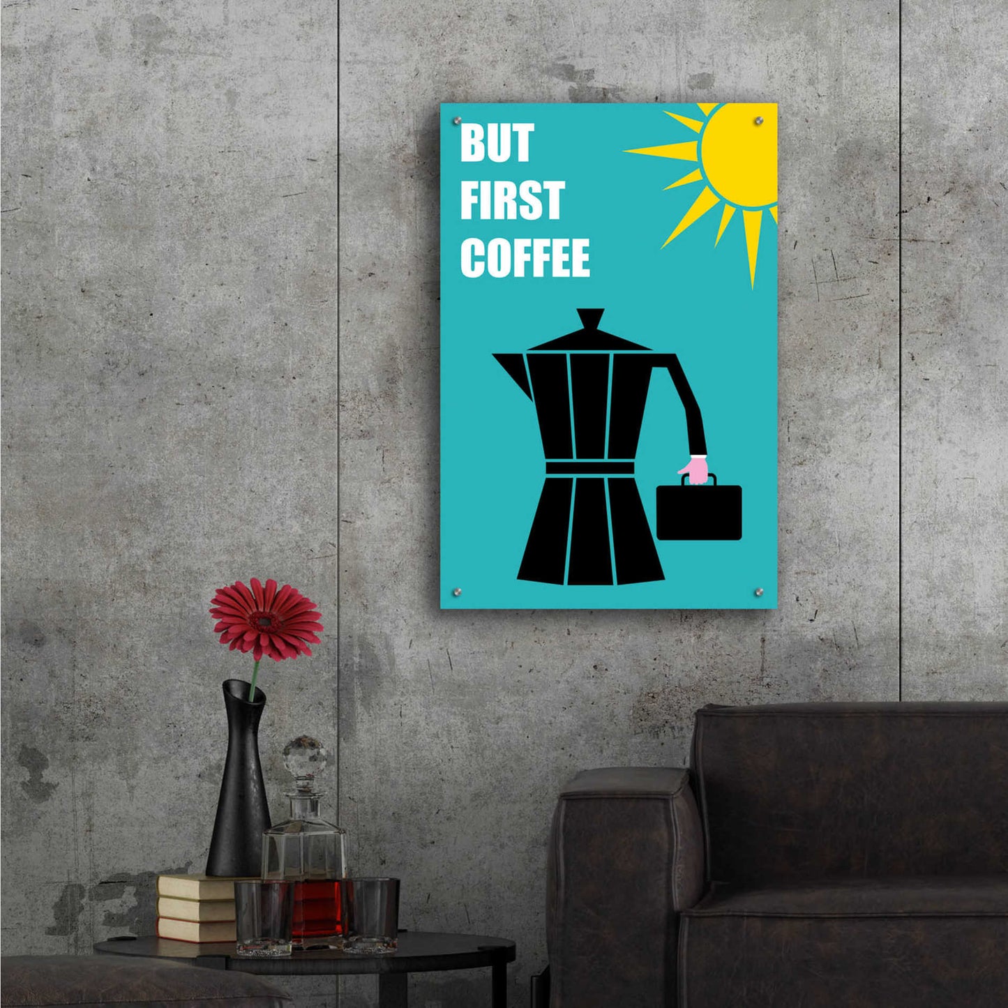 Epic Art 'But First Coffee' by Cesare Bellassai, Acrylic Glass Wall Art,24x36