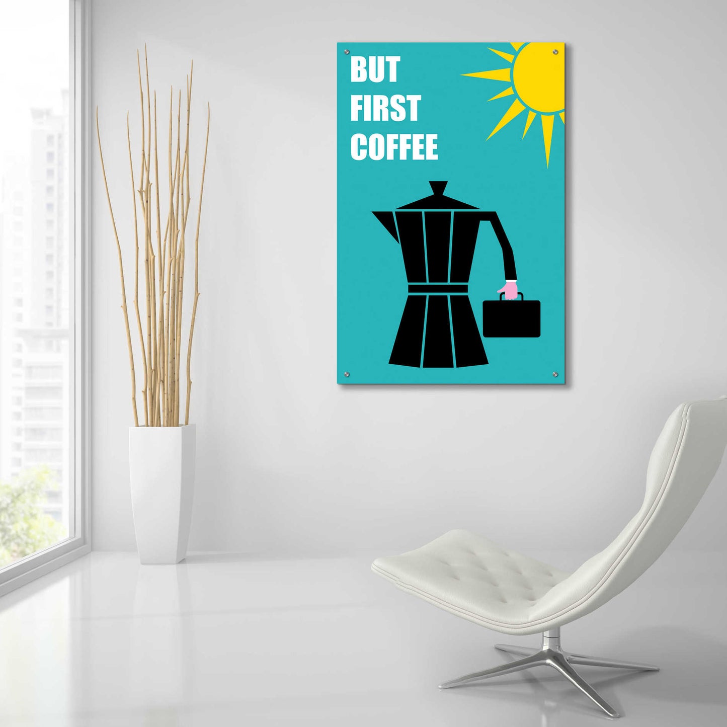 Epic Art 'But First Coffee' by Cesare Bellassai, Acrylic Glass Wall Art,24x36