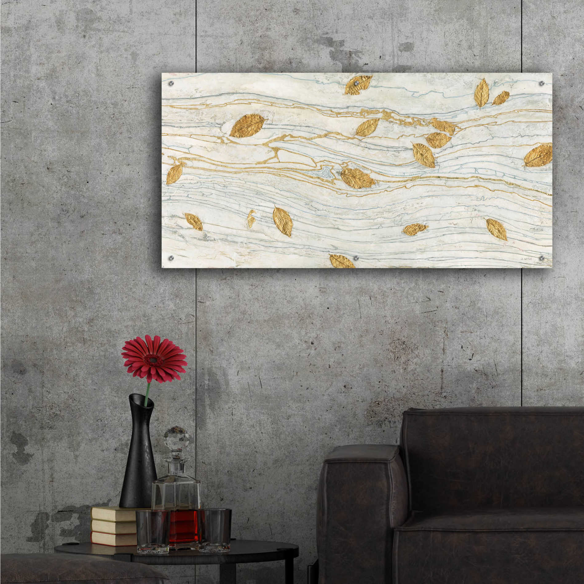 Epic Art 'Golden Fossil Leaves' by James Wiens, Acrylic Glass Wall Art,48x24