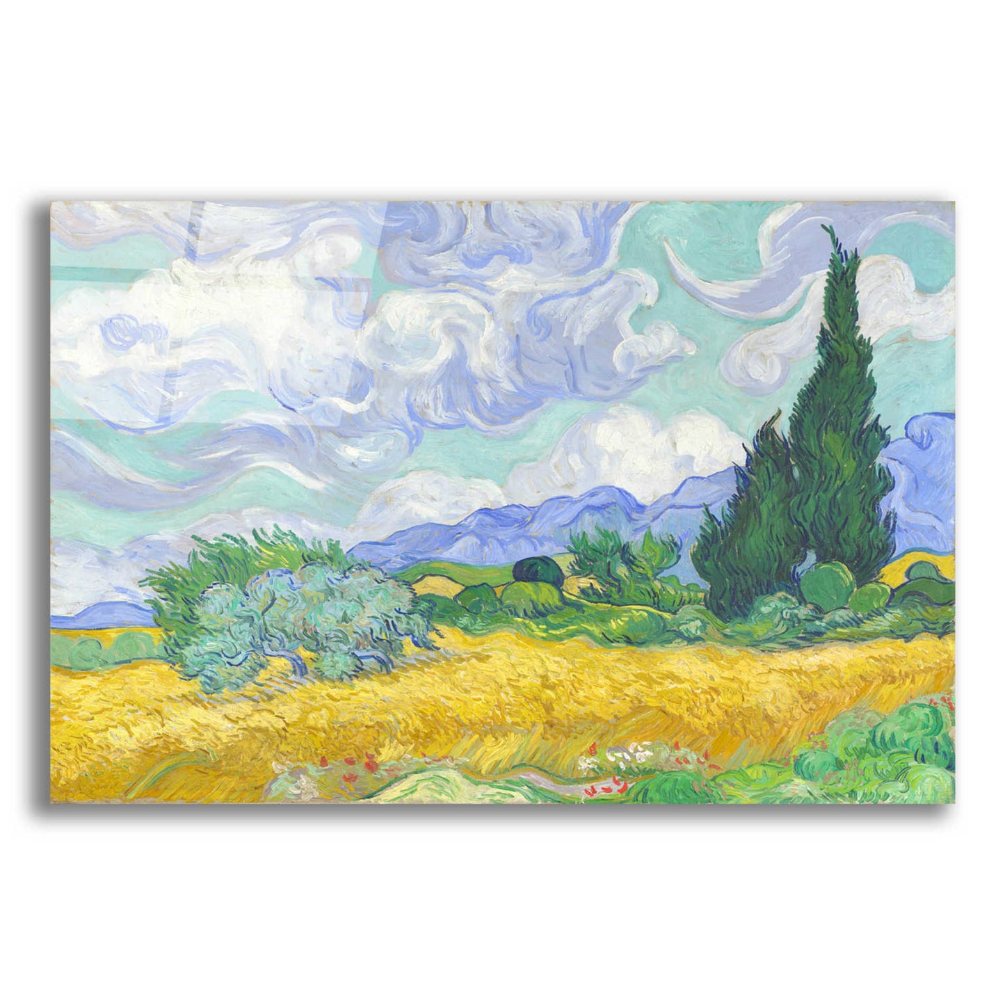 Epic Art 'Wheat Field with Cypresses' by Vincent van Gogh, Acrylic Glass Wall Art,16x12x1.1x0,26x18x1.1x0,34x26x1.74x0,54x40x1.74x0