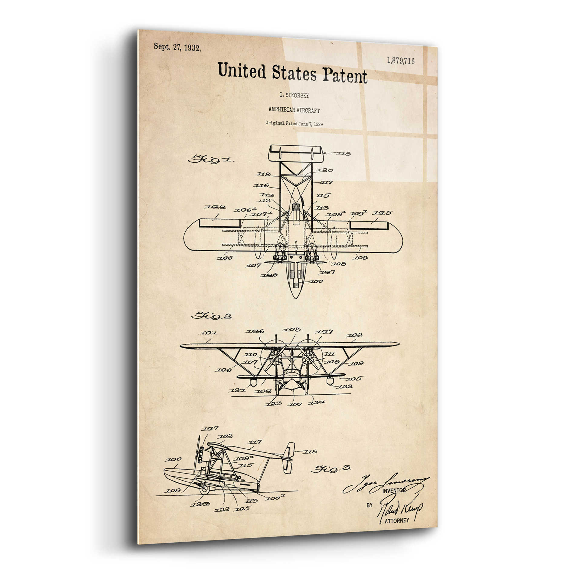 Epic Art 'Amphibian Aircraft Blueprint Patent Parchment,' Acrylic Glass Wall Art,12x16