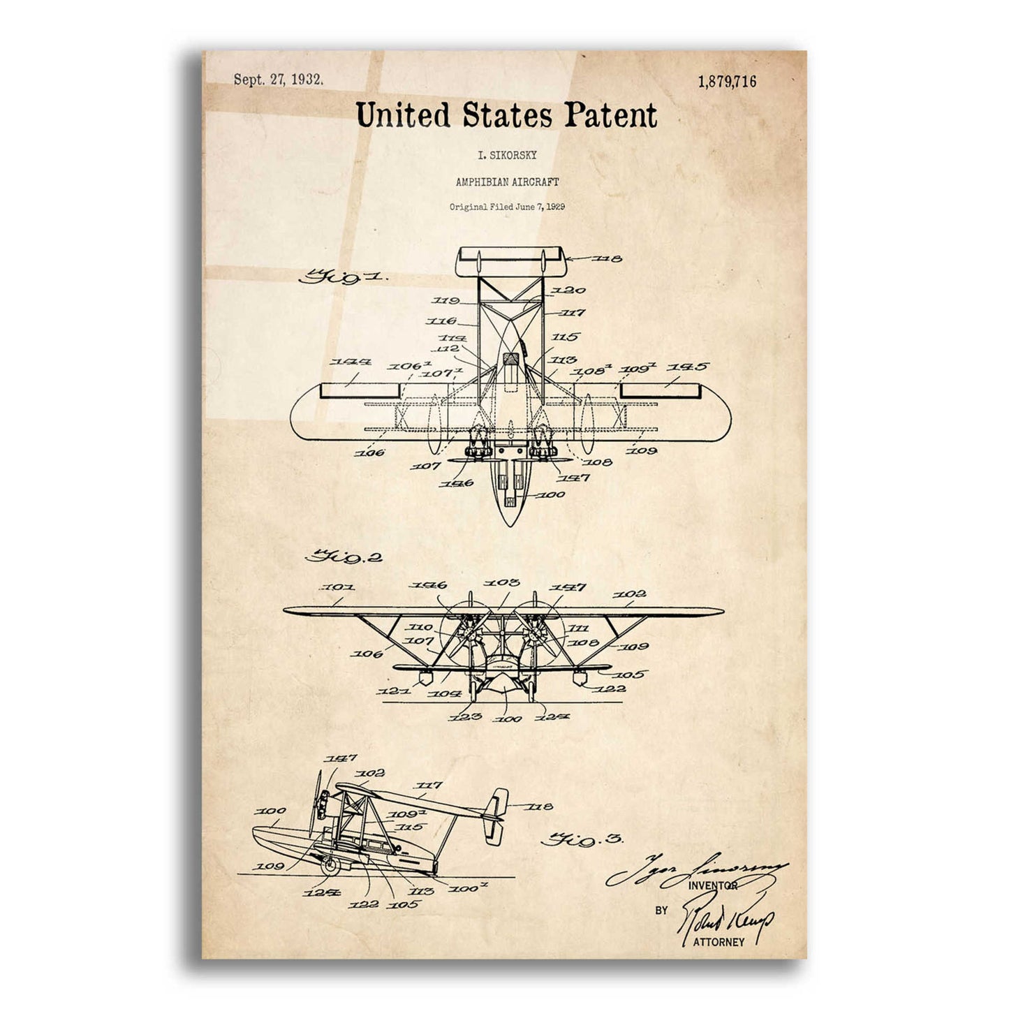 Epic Art 'Amphibian Aircraft Blueprint Patent Parchment,' Acrylic Glass Wall Art,12x16