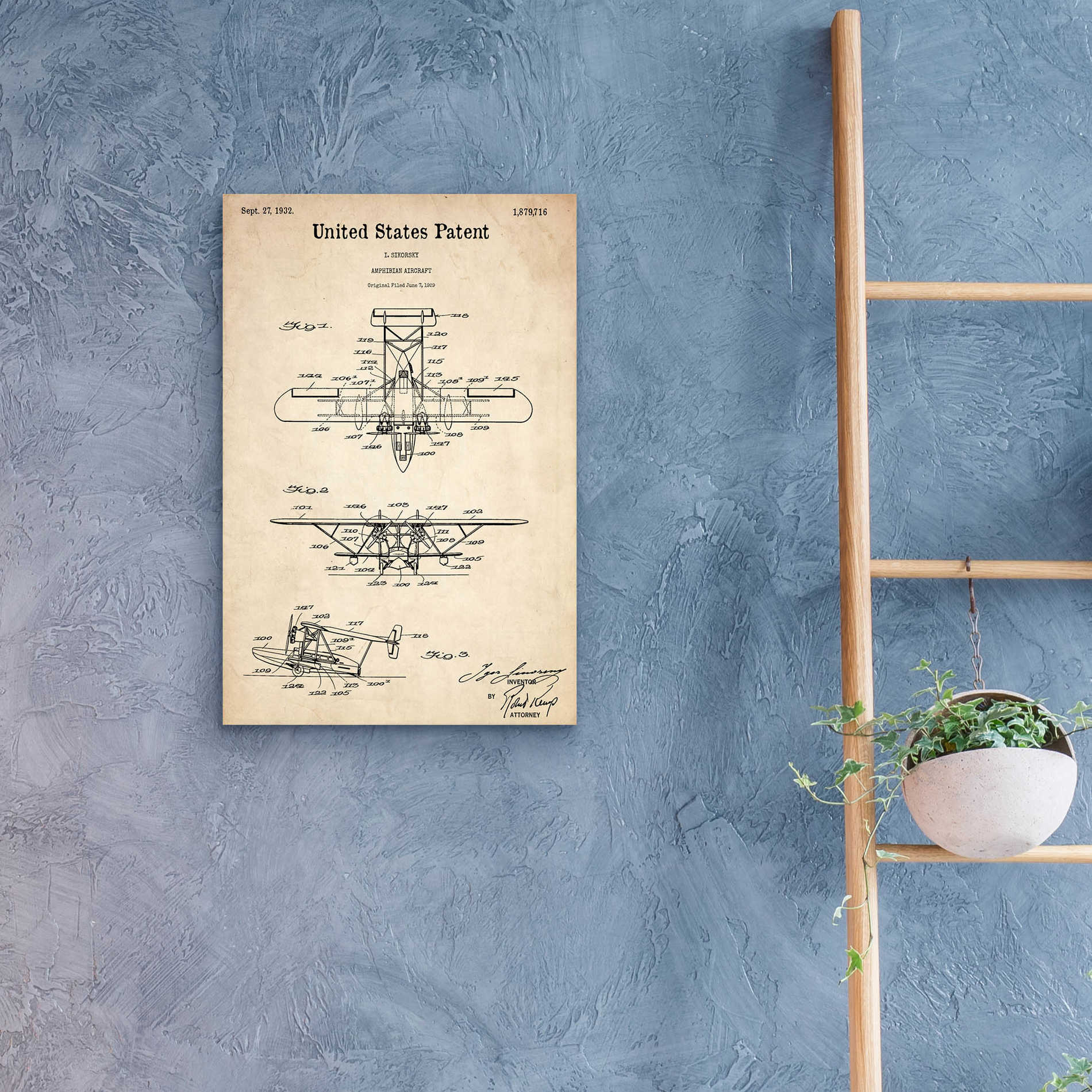 Epic Art 'Amphibian Aircraft Blueprint Patent Parchment,' Acrylic Glass Wall Art,16x24