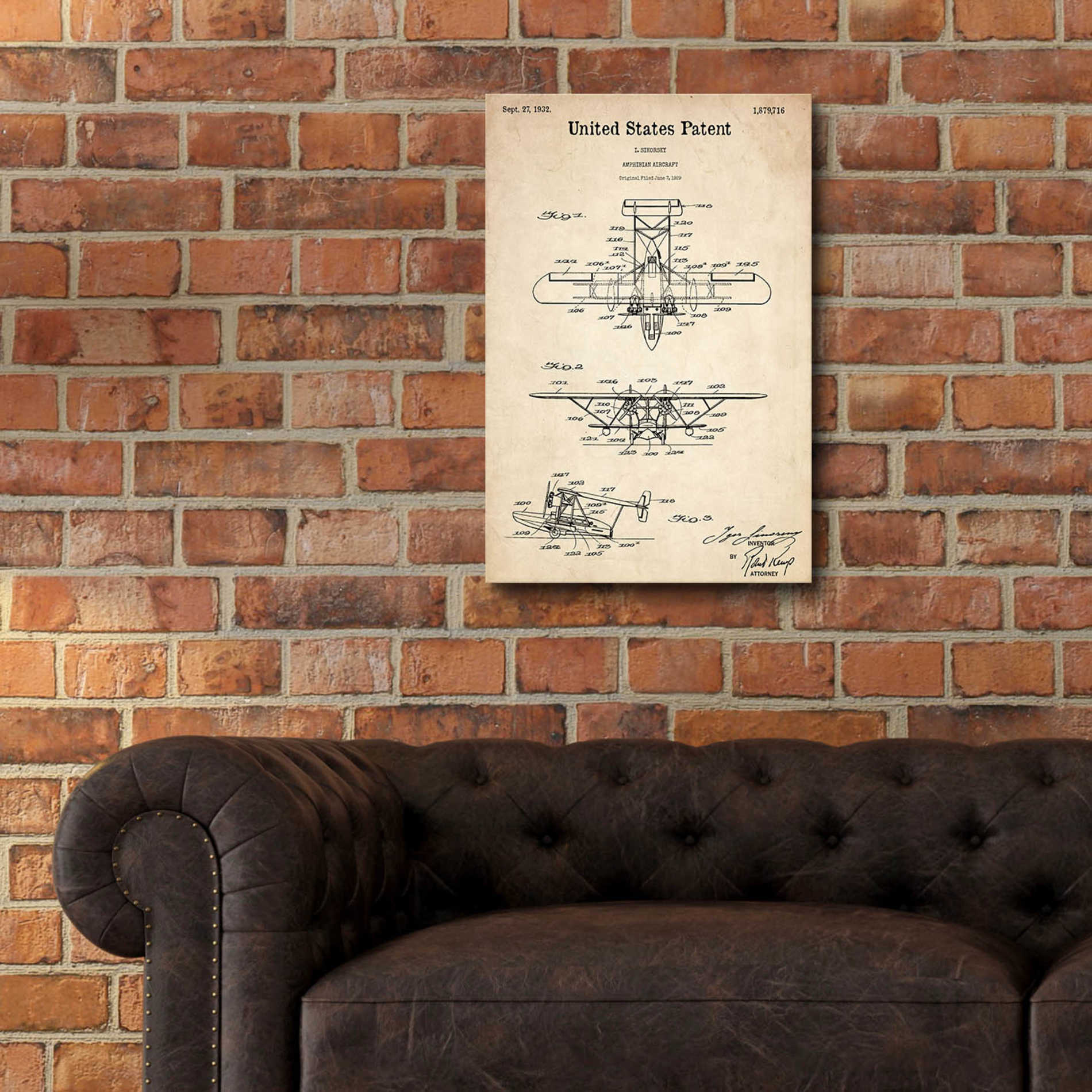 Epic Art 'Amphibian Aircraft Blueprint Patent Parchment,' Acrylic Glass Wall Art,16x24