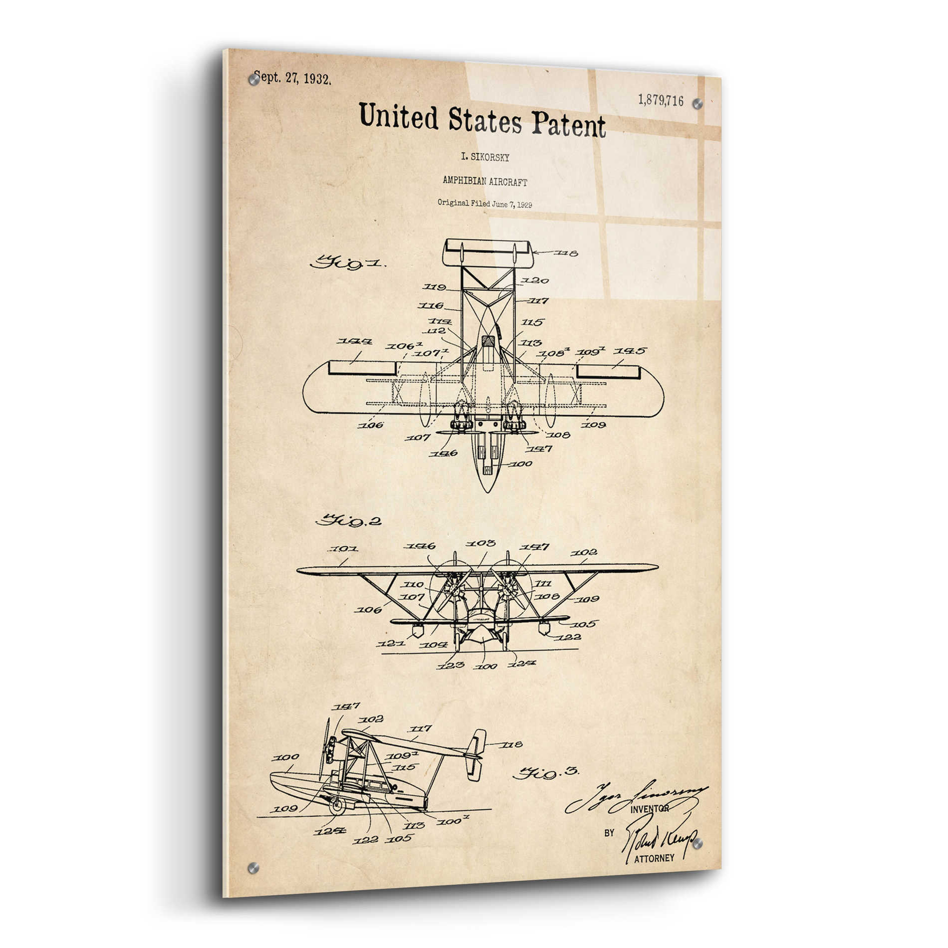 Epic Art 'Amphibian Aircraft Blueprint Patent Parchment,' Acrylic Glass Wall Art,24x36