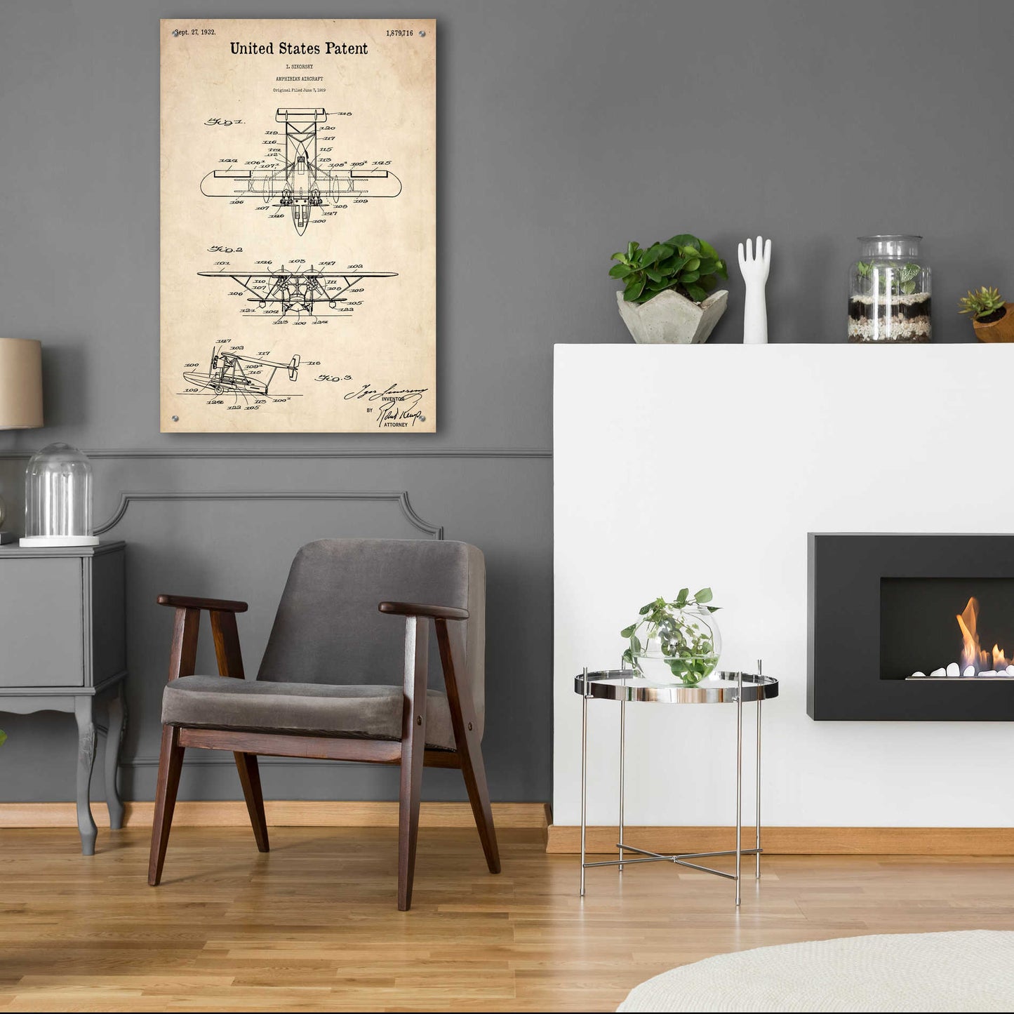 Epic Art 'Amphibian Aircraft Blueprint Patent Parchment,' Acrylic Glass Wall Art,24x36