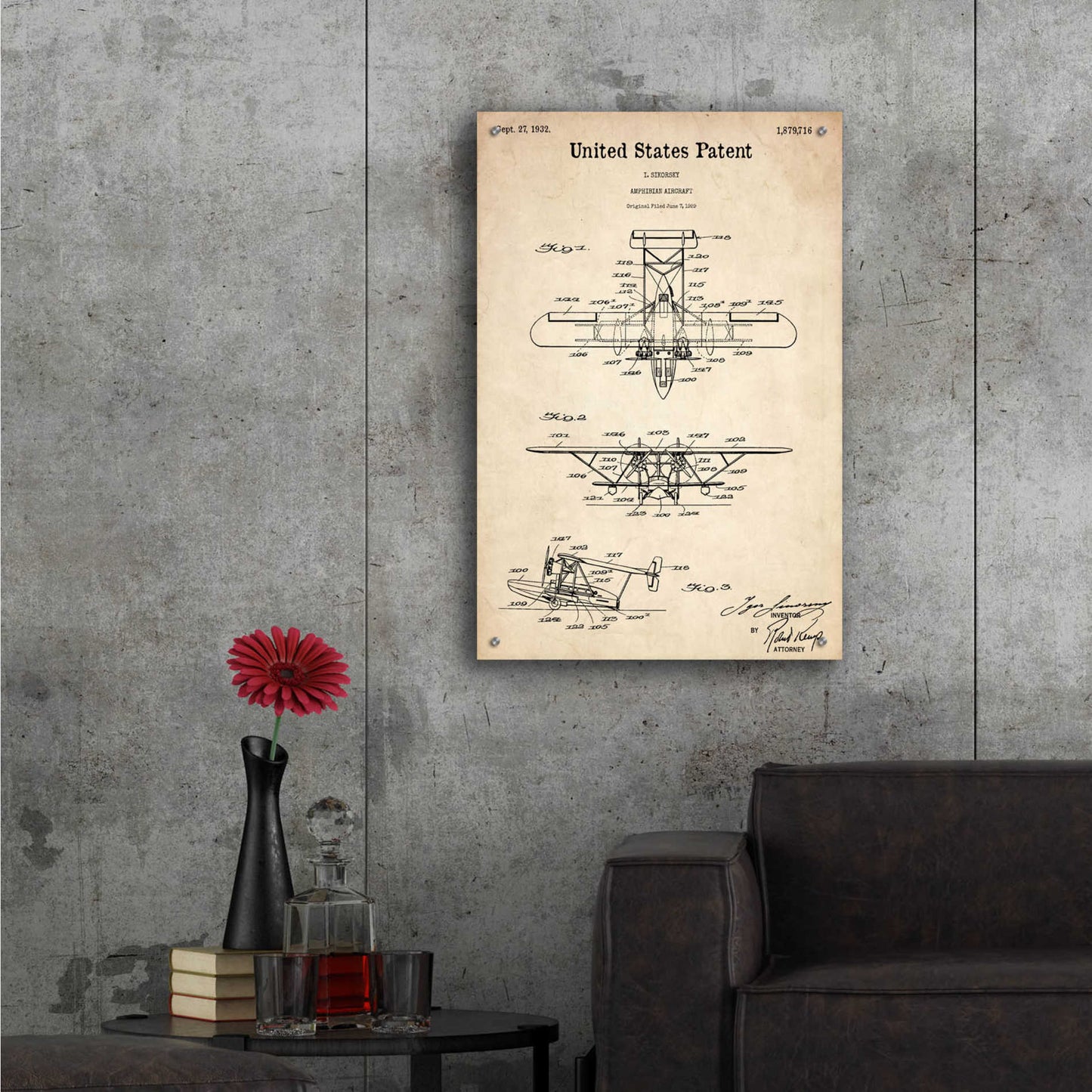 Epic Art 'Amphibian Aircraft Blueprint Patent Parchment,' Acrylic Glass Wall Art,24x36