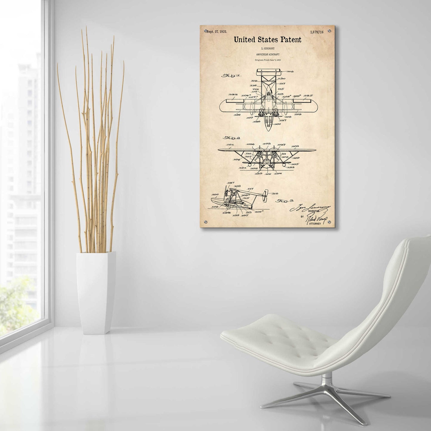 Epic Art 'Amphibian Aircraft Blueprint Patent Parchment,' Acrylic Glass Wall Art,24x36