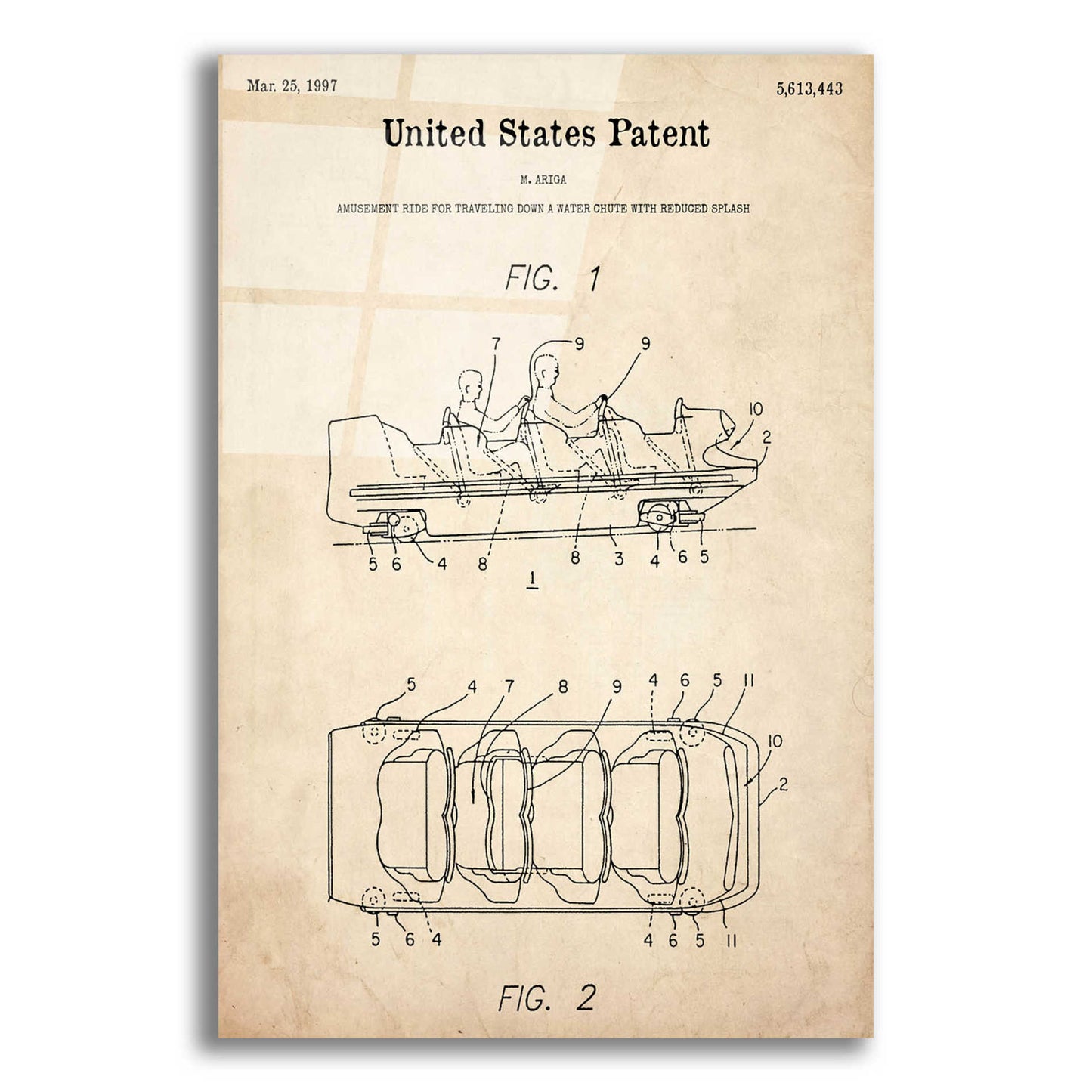 Epic Art 'Water Coaster Ride Blueprint Patent Parchment,' Acrylic Glass Wall Art,12x16