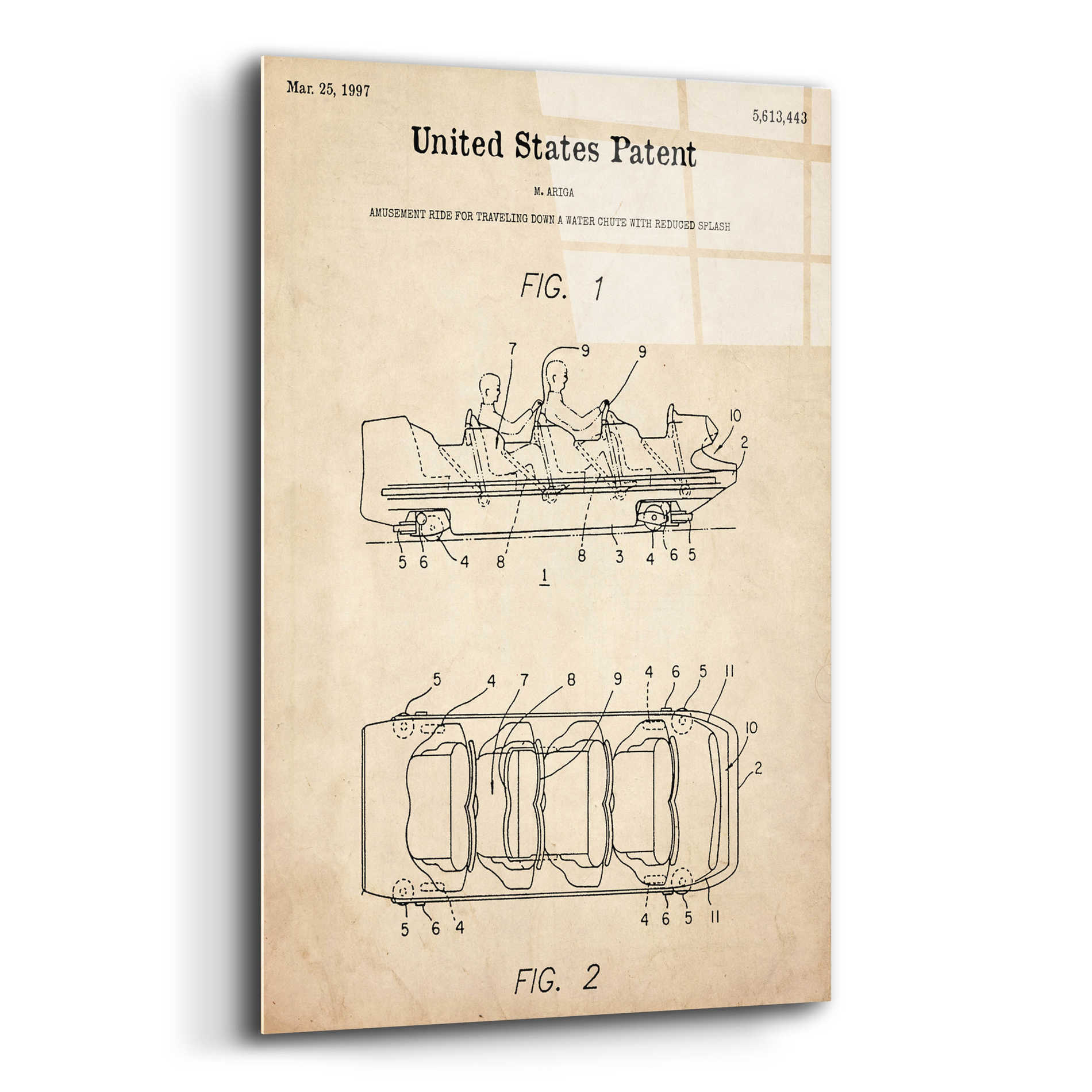 Epic Art 'Water Coaster Ride Blueprint Patent Parchment,' Acrylic Glass Wall Art,16x24