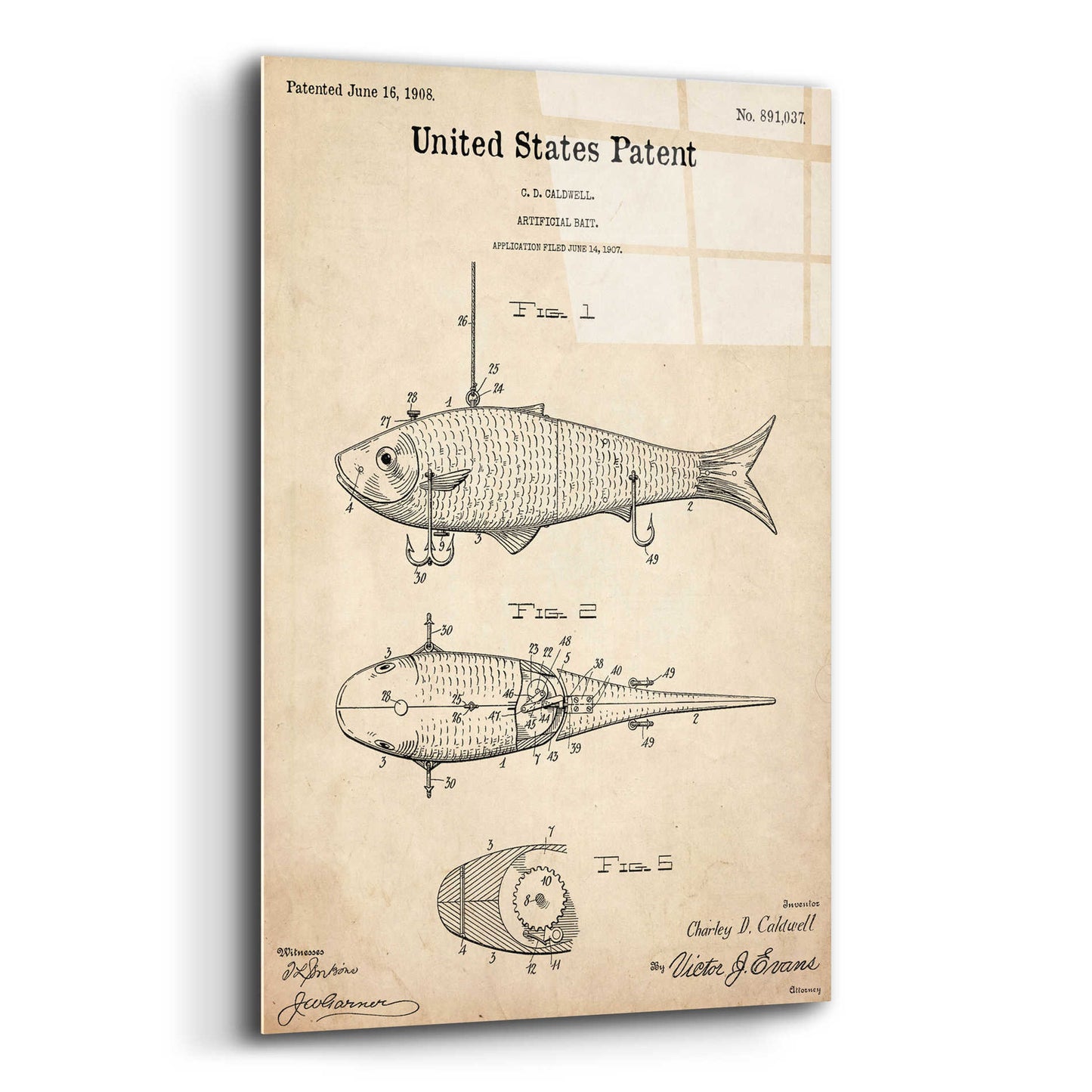 Epic Art 'Fish Bait Blueprint Patent Parchment,' Acrylic Glass Wall Art,12x16