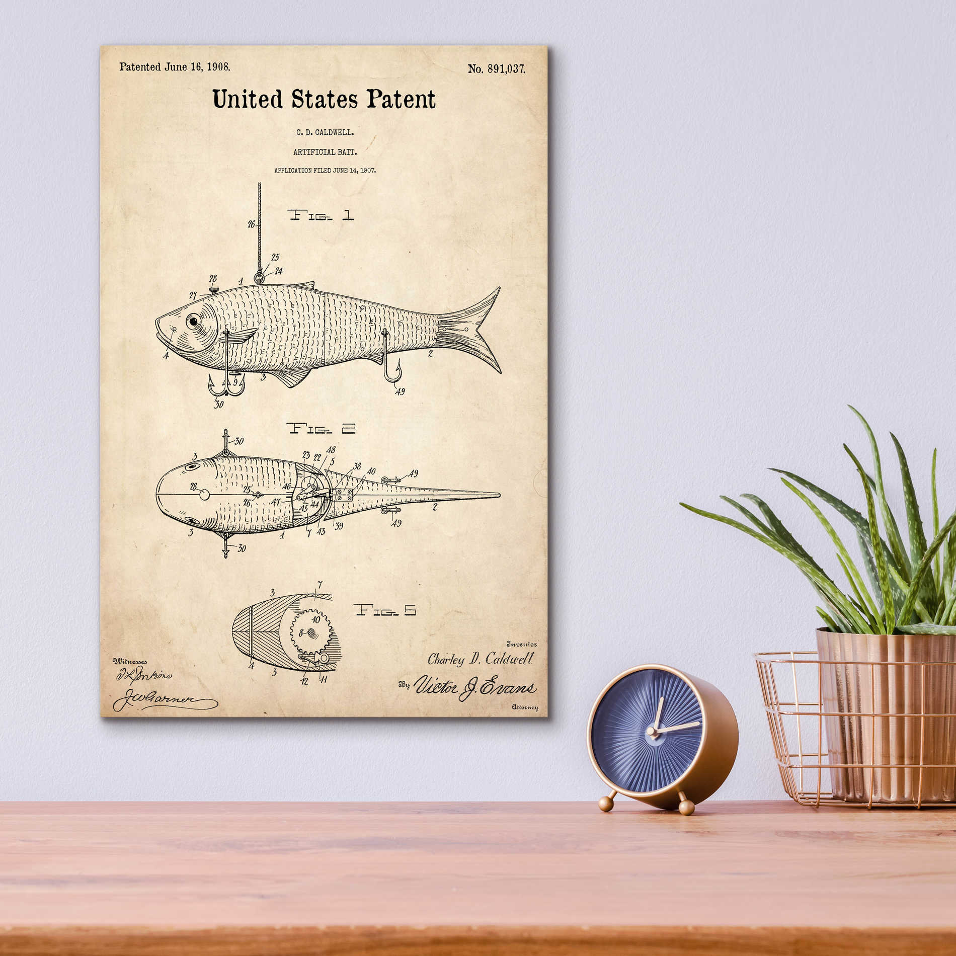 Epic Art 'Fish Bait Blueprint Patent Parchment,' Acrylic Glass Wall Art,12x16