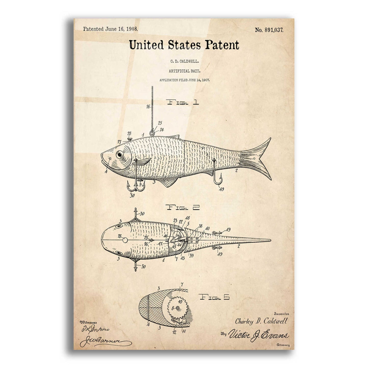 Epic Art 'Fish Bait Blueprint Patent Parchment,' Acrylic Glass Wall Art,12x16