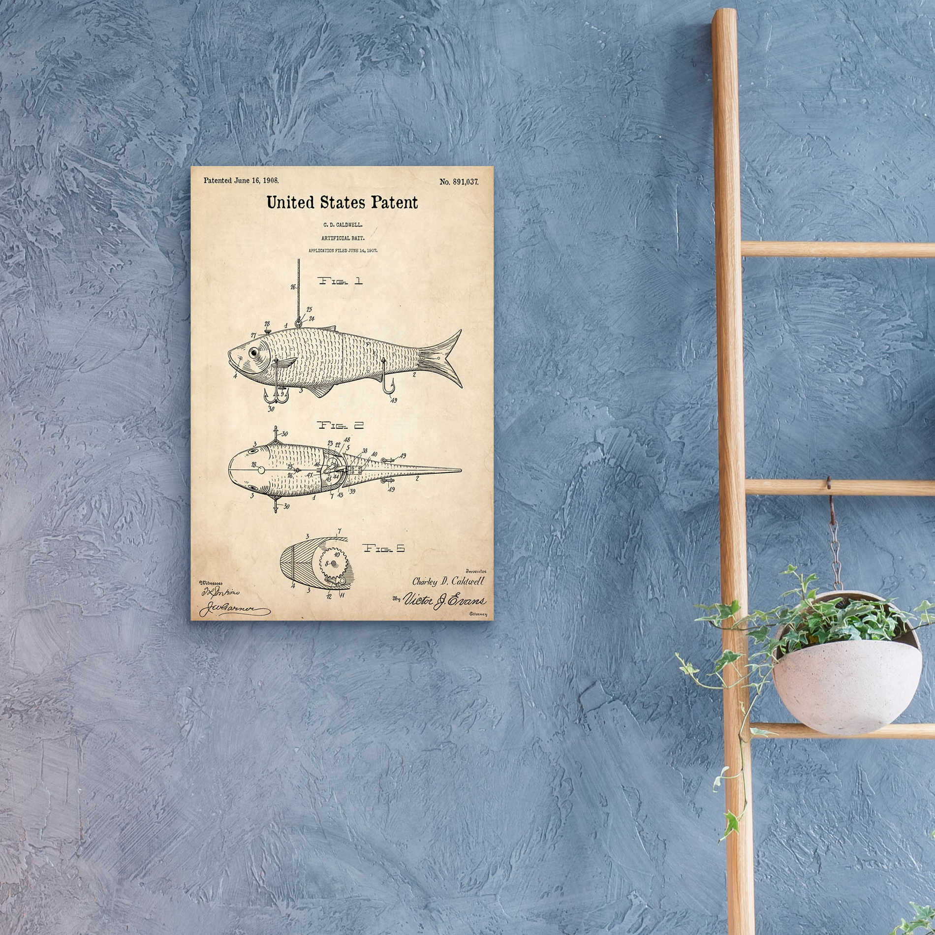 Epic Art 'Fish Bait Blueprint Patent Parchment,' Acrylic Glass Wall Art,16x24