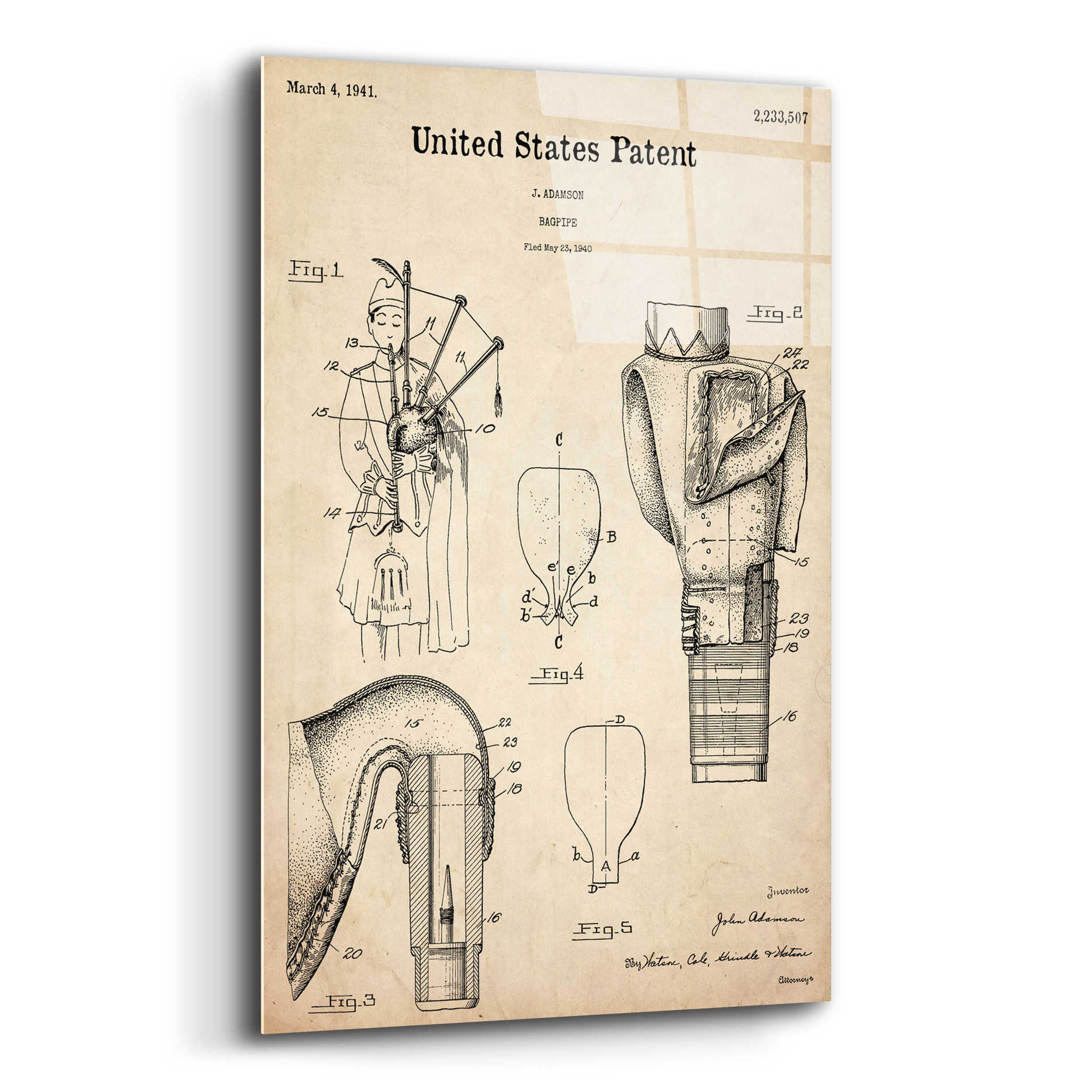 Epic Art 'Bagpipe Blueprint Patent Parchment,' Acrylic Glass Wall Art,12x16