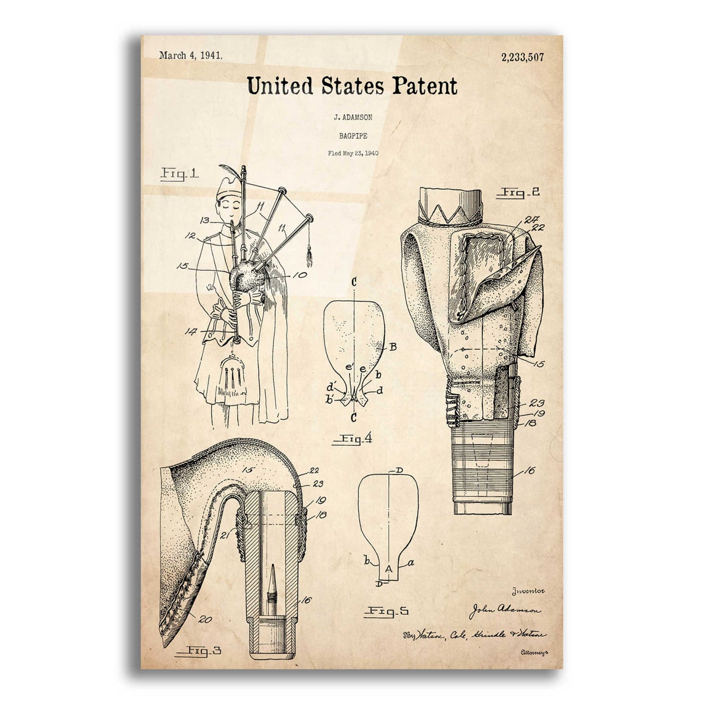 Epic Art 'Bagpipe Blueprint Patent Parchment,' Acrylic Glass Wall Art,16x24