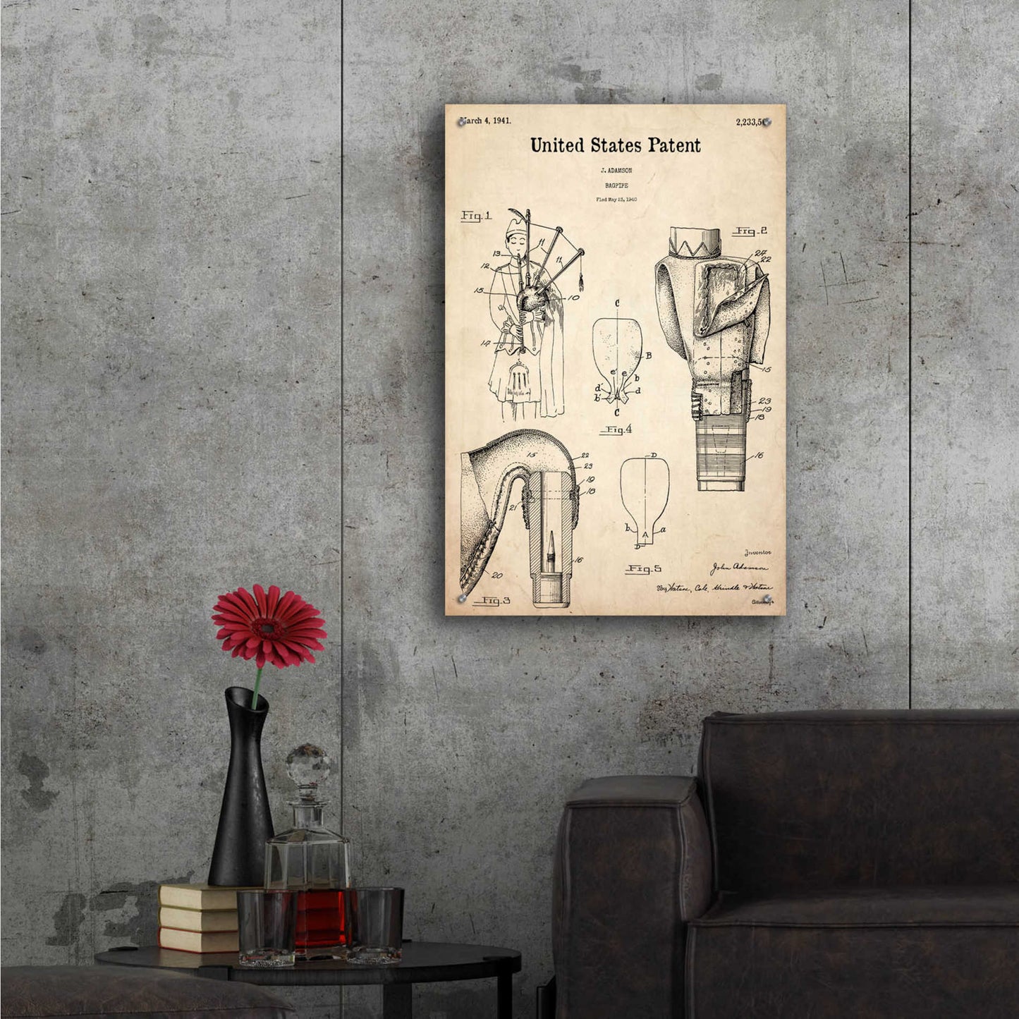 Epic Art 'Bagpipe Blueprint Patent Parchment,' Acrylic Glass Wall Art,24x36