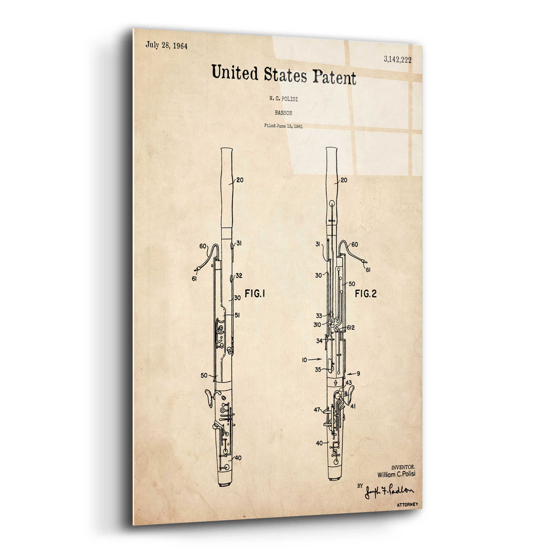 Epic Art 'Bassoon Blueprint Patent Parchment,' Acrylic Glass Wall Art,12x16