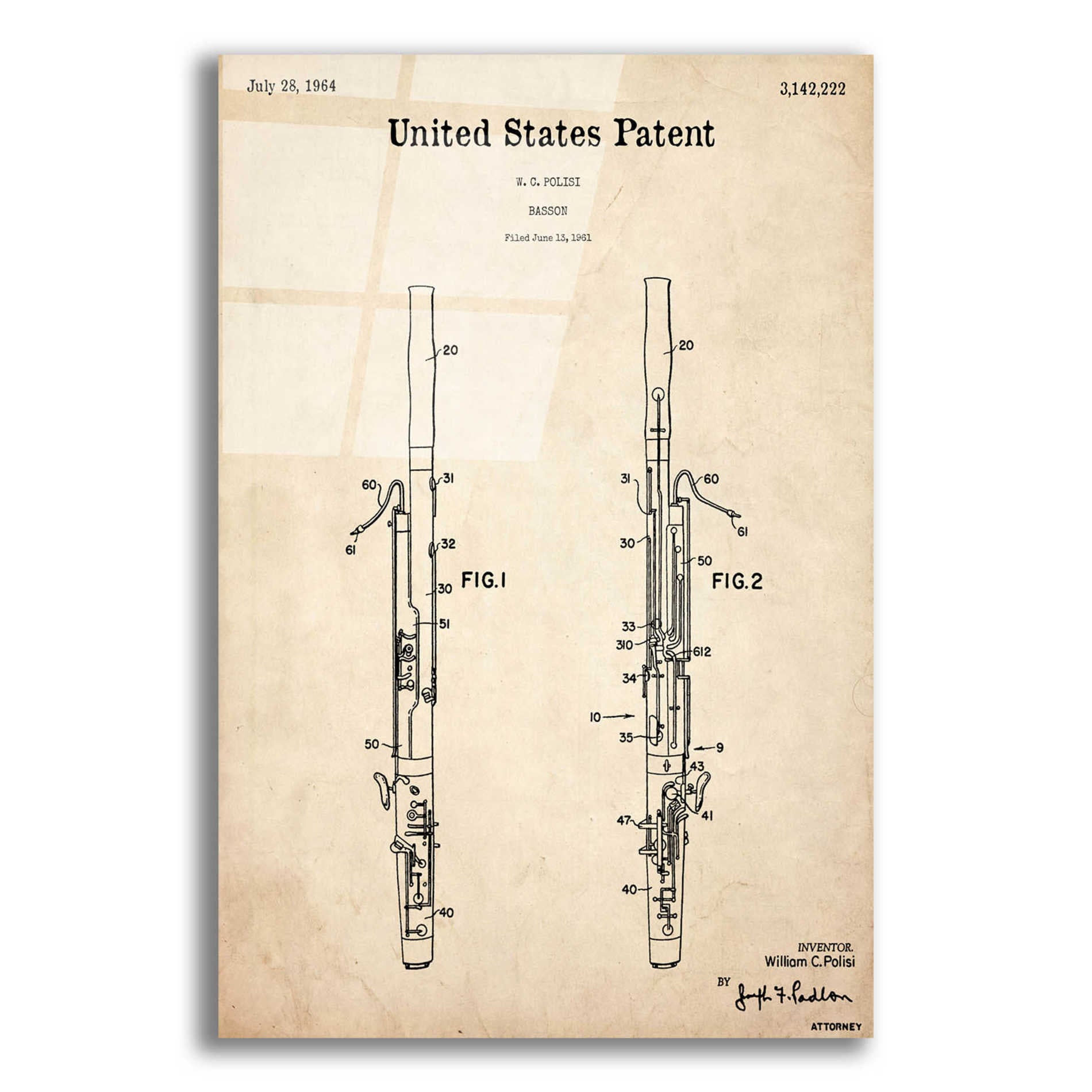 Epic Art 'Bassoon Blueprint Patent Parchment,' Acrylic Glass Wall Art,12x16