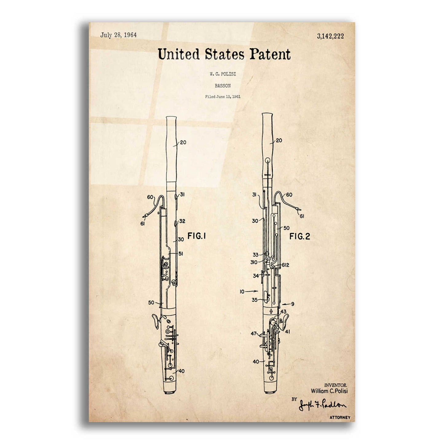 Epic Art 'Bassoon Blueprint Patent Parchment,' Acrylic Glass Wall Art,16x24