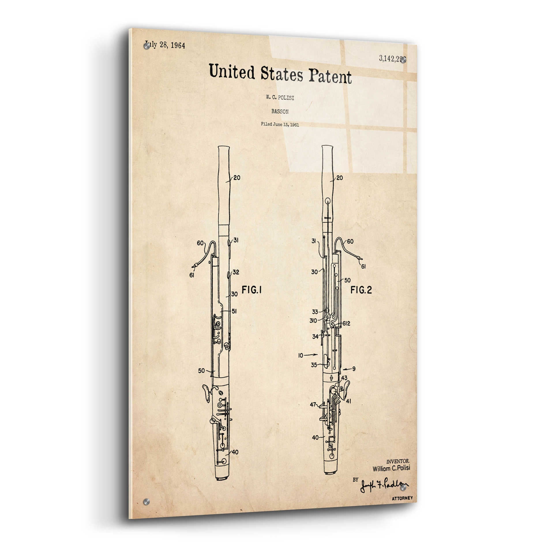 Epic Art 'Bassoon Blueprint Patent Parchment,' Acrylic Glass Wall Art,24x36