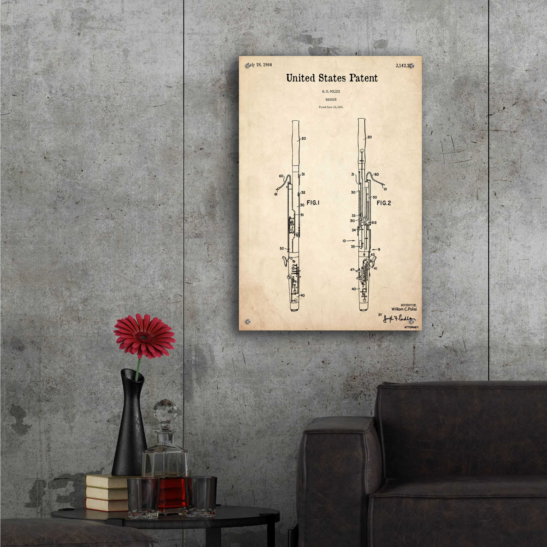 Epic Art 'Bassoon Blueprint Patent Parchment,' Acrylic Glass Wall Art,24x36