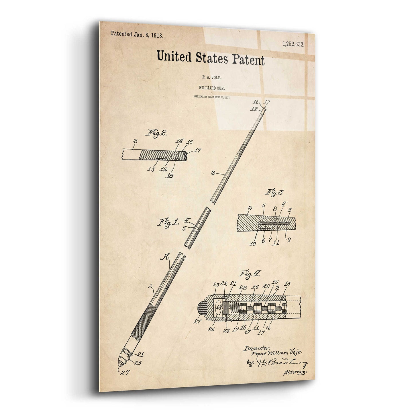 Epic Art 'Billard Cue Blueprint Patent Parchment,' Acrylic Glass Wall Art,12x16