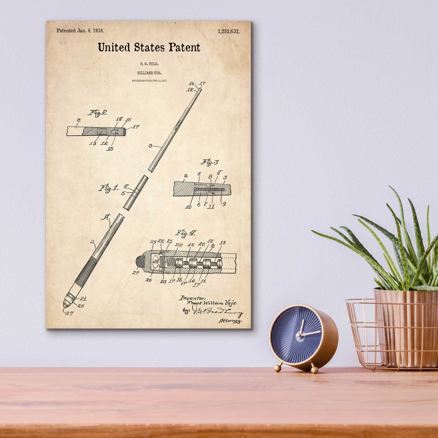 Epic Art 'Billard Cue Blueprint Patent Parchment,' Acrylic Glass Wall Art,12x16