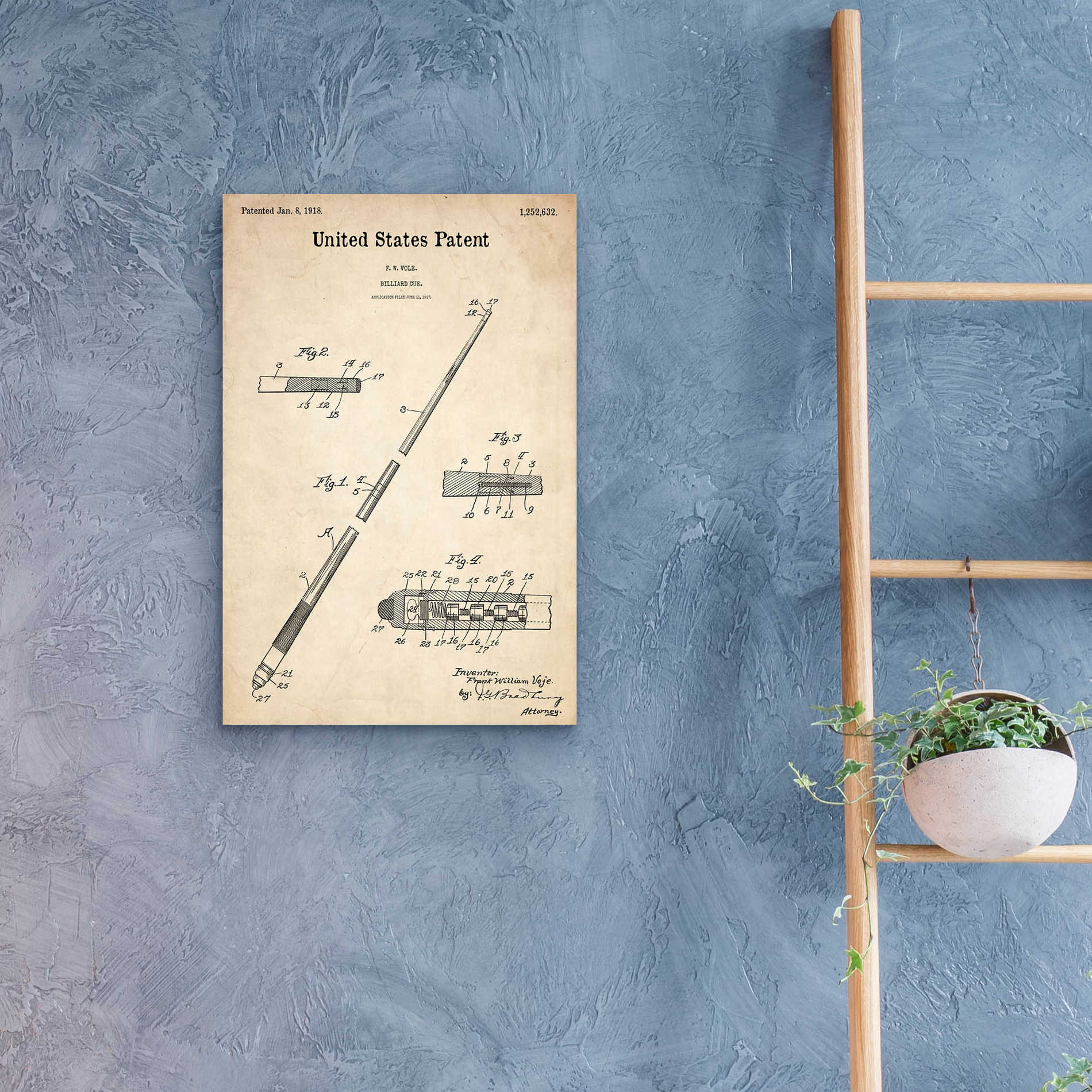 Epic Art 'Billard Cue Blueprint Patent Parchment,' Acrylic Glass Wall Art,16x24