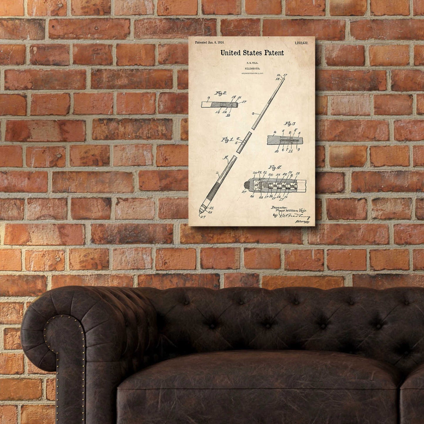 Epic Art 'Billard Cue Blueprint Patent Parchment,' Acrylic Glass Wall Art,16x24