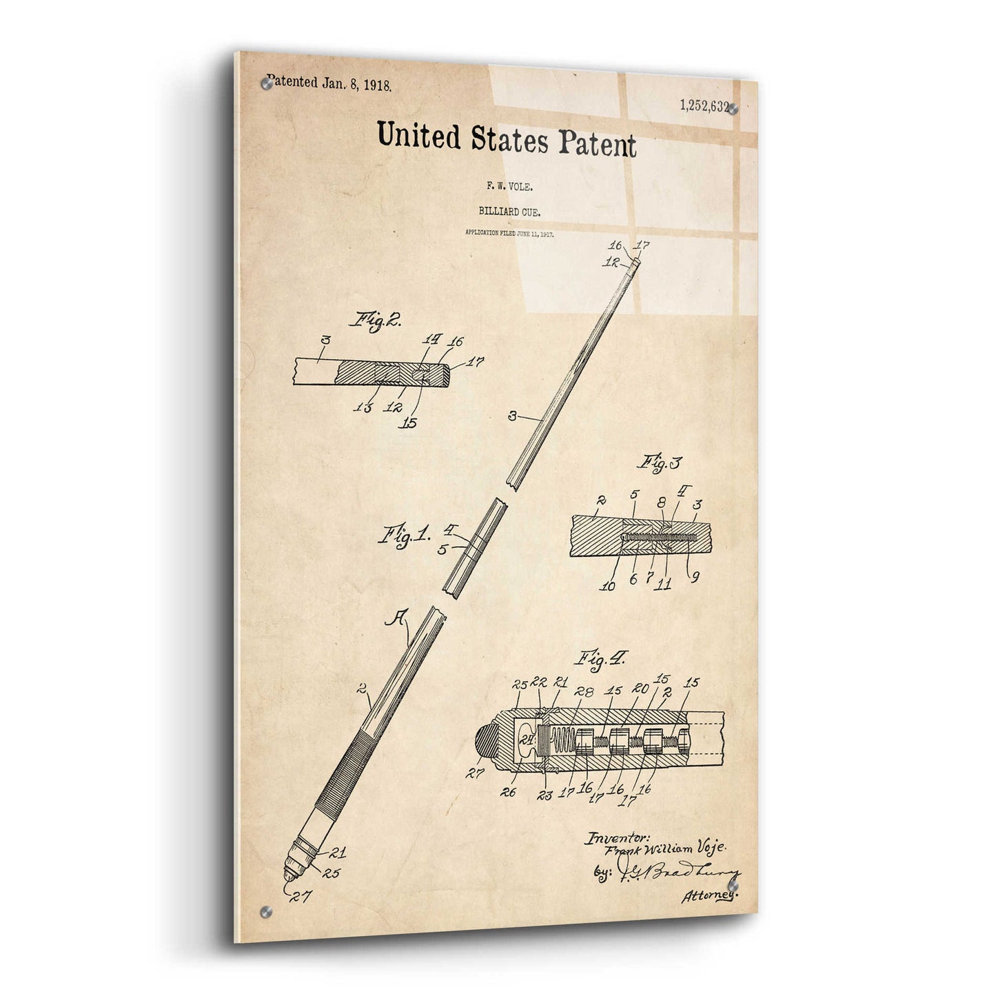 Epic Art 'Billard Cue Blueprint Patent Parchment,' Acrylic Glass Wall Art,24x36