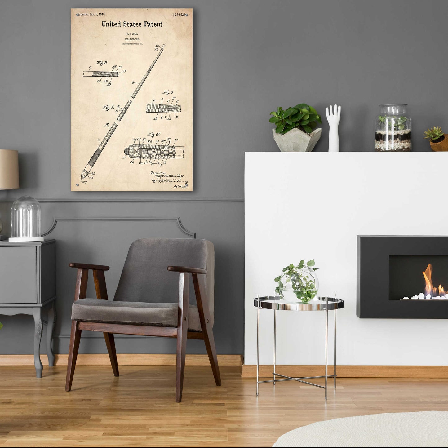 Epic Art 'Billard Cue Blueprint Patent Parchment,' Acrylic Glass Wall Art,24x36