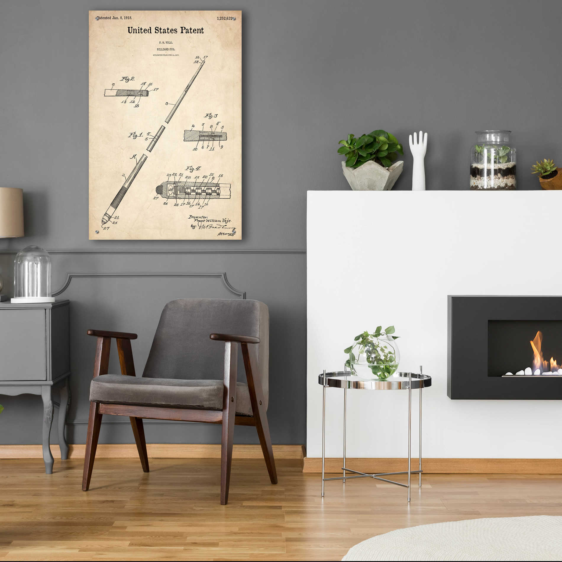 Epic Art 'Billard Cue Blueprint Patent Parchment,' Acrylic Glass Wall Art,24x36