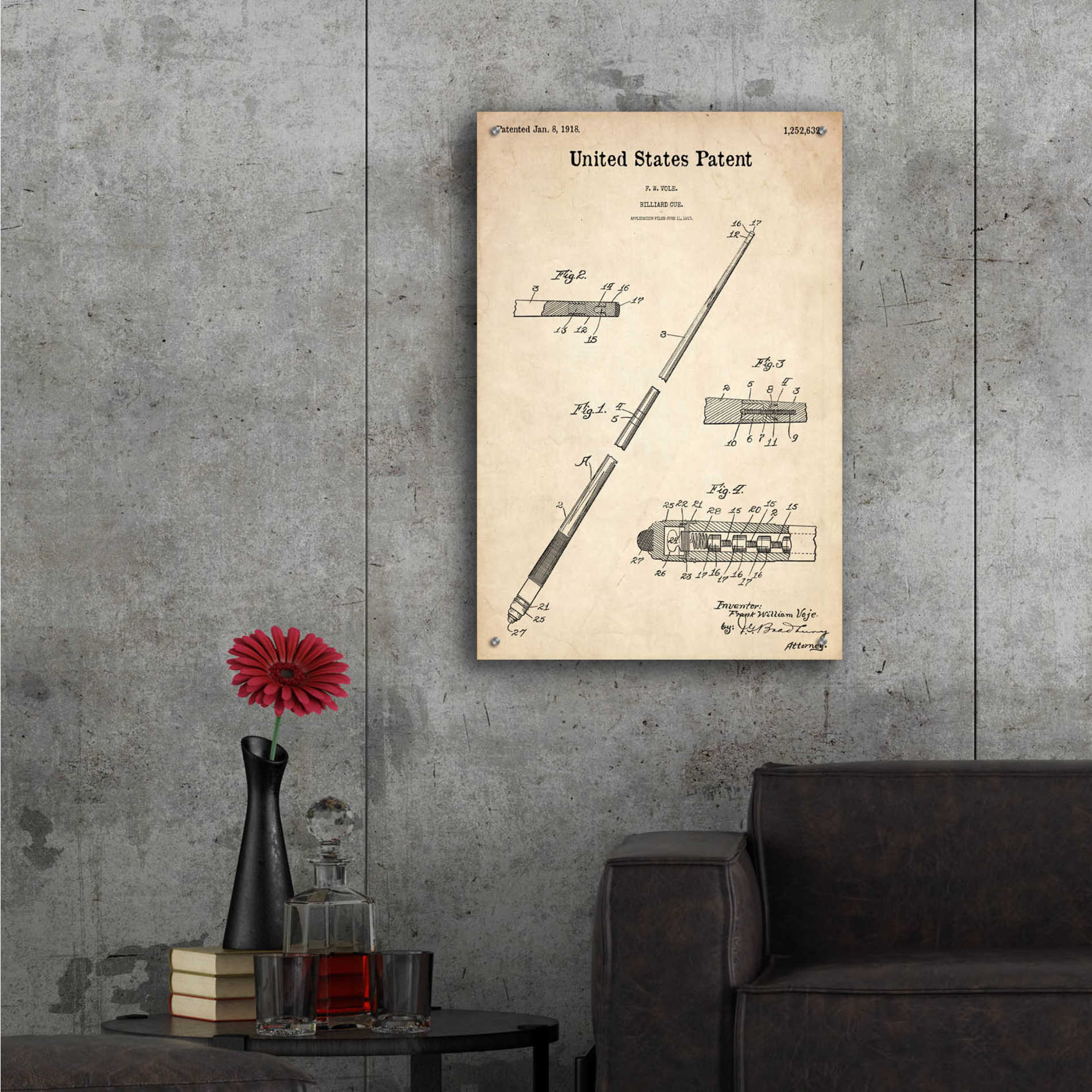 Epic Art 'Billard Cue Blueprint Patent Parchment,' Acrylic Glass Wall Art,24x36