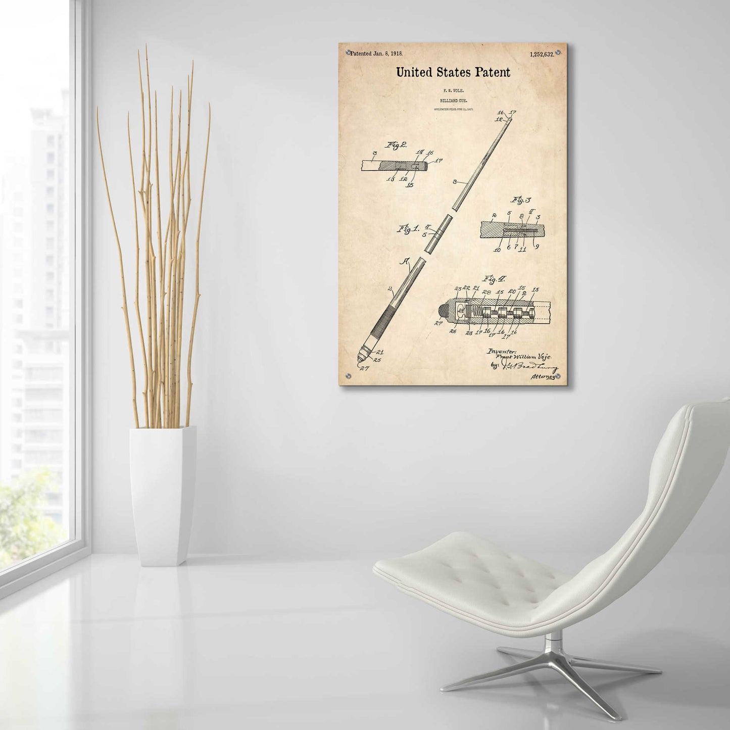 Epic Art 'Billard Cue Blueprint Patent Parchment,' Acrylic Glass Wall Art,24x36