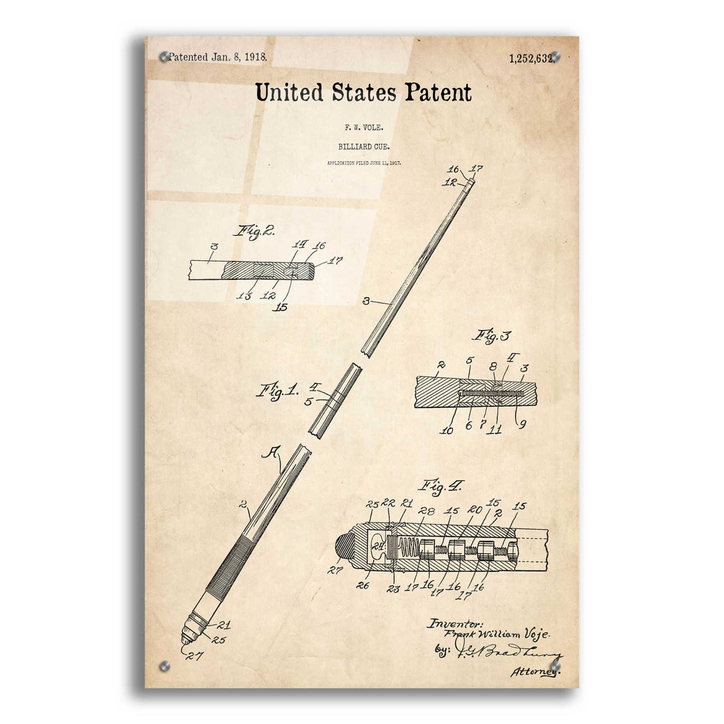 Epic Art 'Billard Cue Blueprint Patent Parchment,' Acrylic Glass Wall Art,24x36