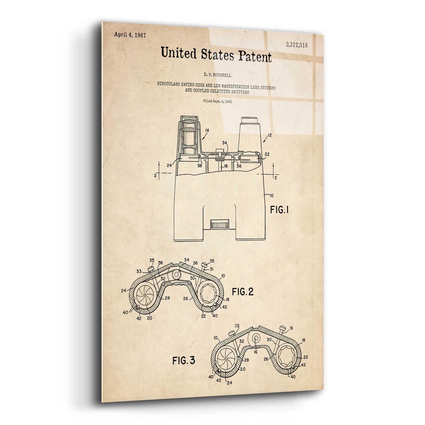 Epic Art 'Binoculars Blueprint Patent Parchment,' Acrylic Glass Wall Art,12x16