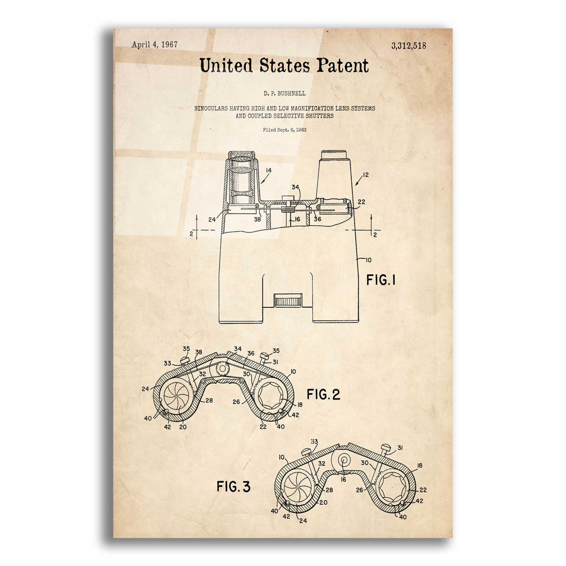 Epic Art 'Binoculars Blueprint Patent Parchment,' Acrylic Glass Wall Art,12x16