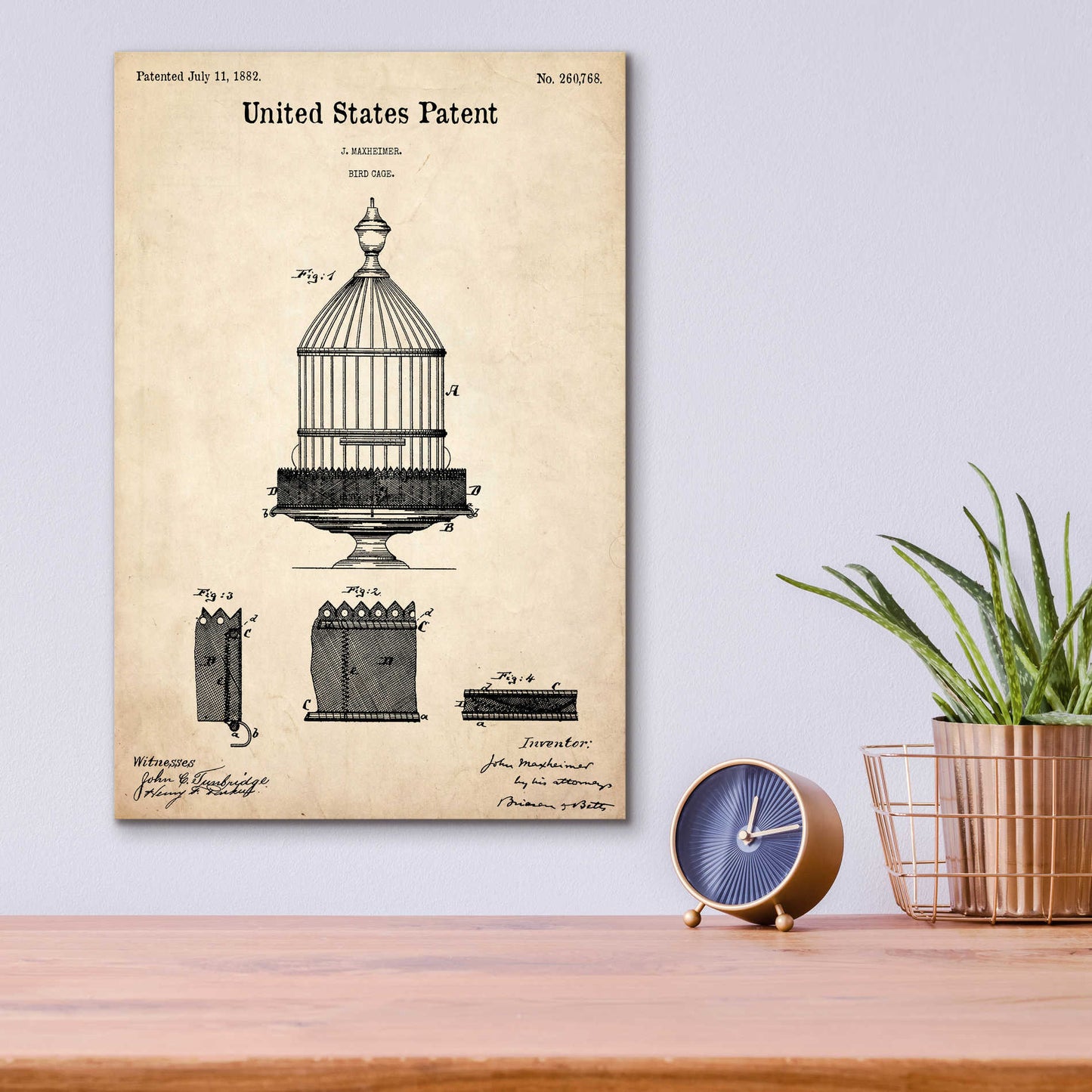 Epic Art 'Bird Cage Blueprint Patent Parchment,' Acrylic Glass Wall Art,12x16