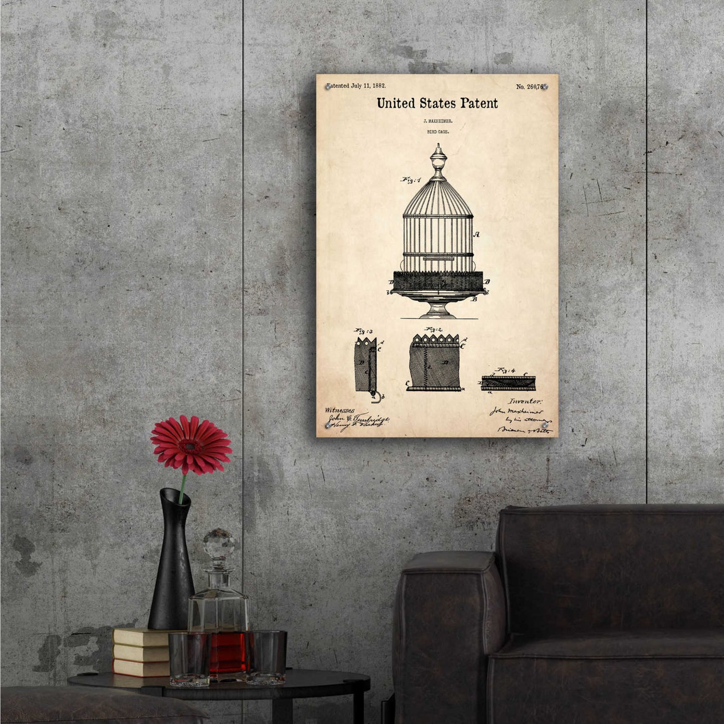 Epic Art 'Bird Cage Blueprint Patent Parchment,' Acrylic Glass Wall Art,24x36