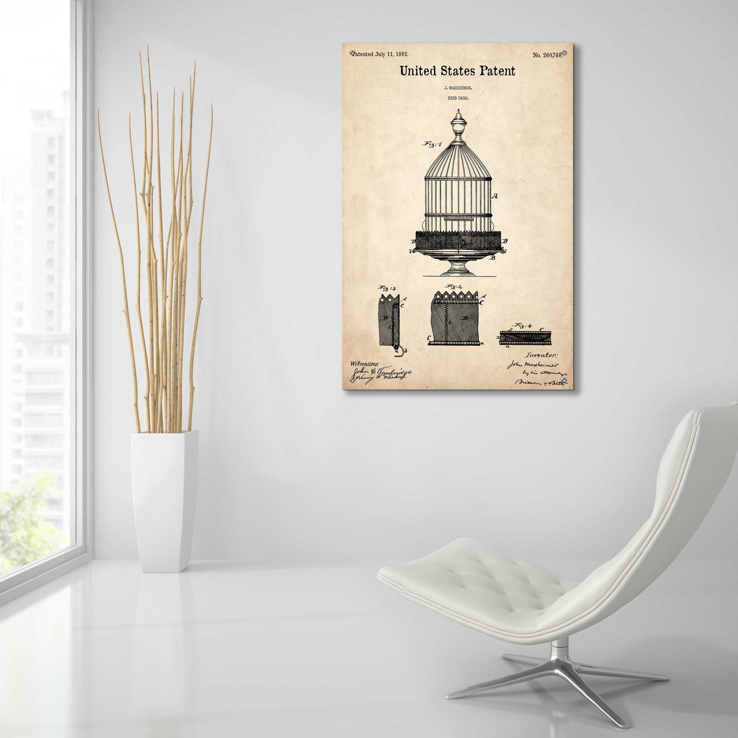 Epic Art 'Bird Cage Blueprint Patent Parchment,' Acrylic Glass Wall Art,24x36