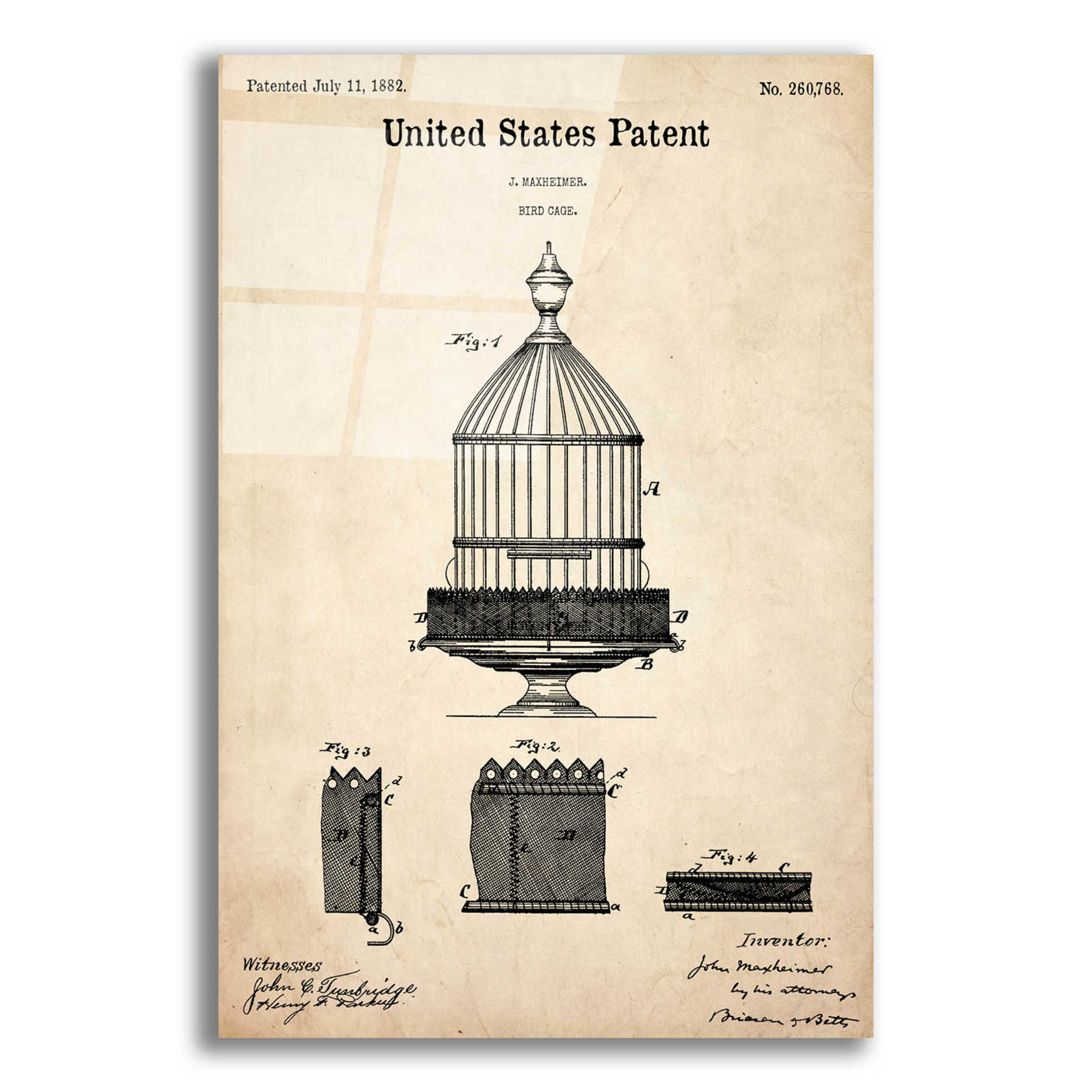 Epic Art 'Bird Cage Blueprint Patent Parchment,' Acrylic Glass Wall Art,12x16x1.1x0,18x26x1.1x0,26x34x1.74x0,40x54x1.74x0